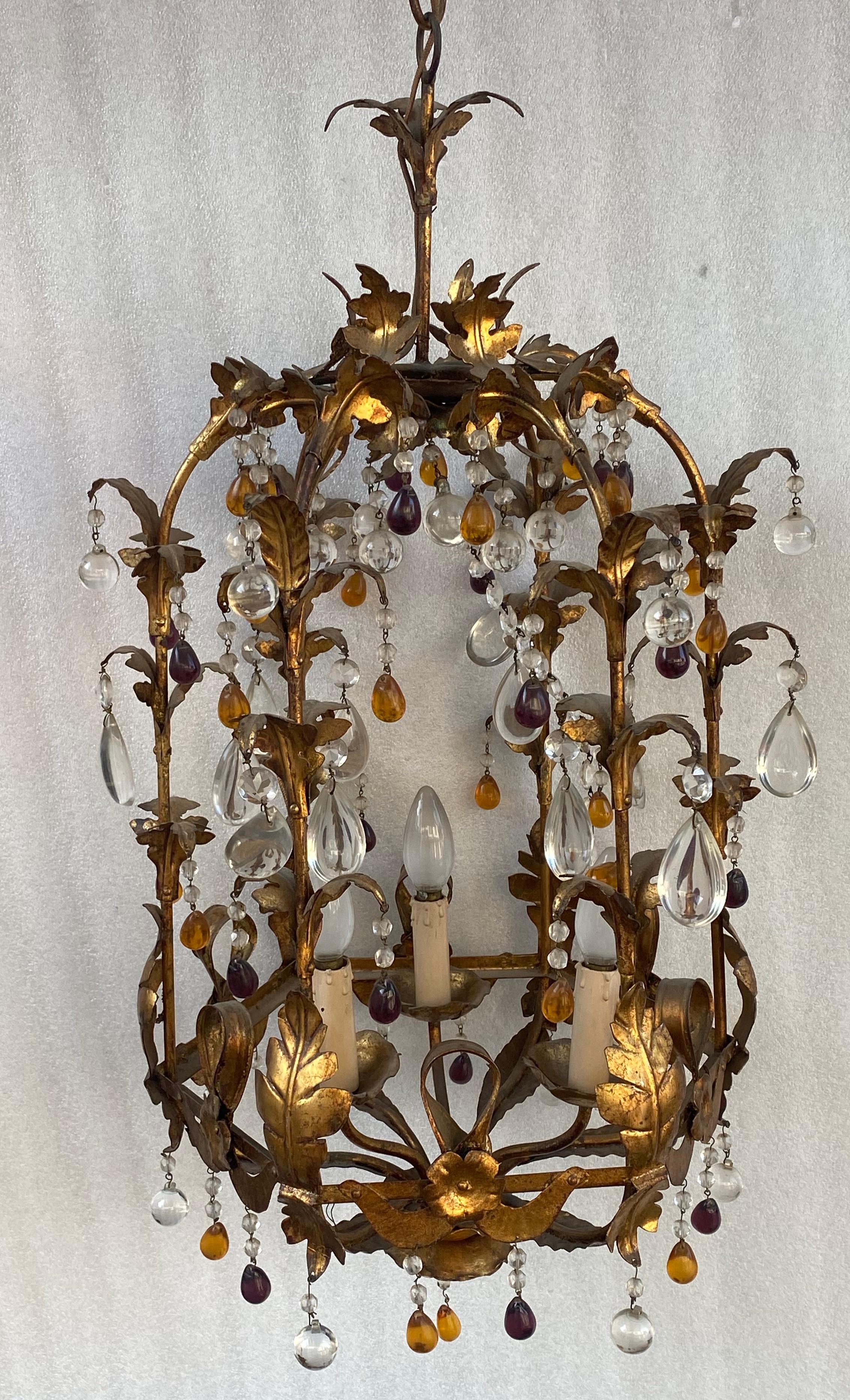 1970′ Italian Lantern in Golden Iron with Colored Glass Pendants For Sale 7