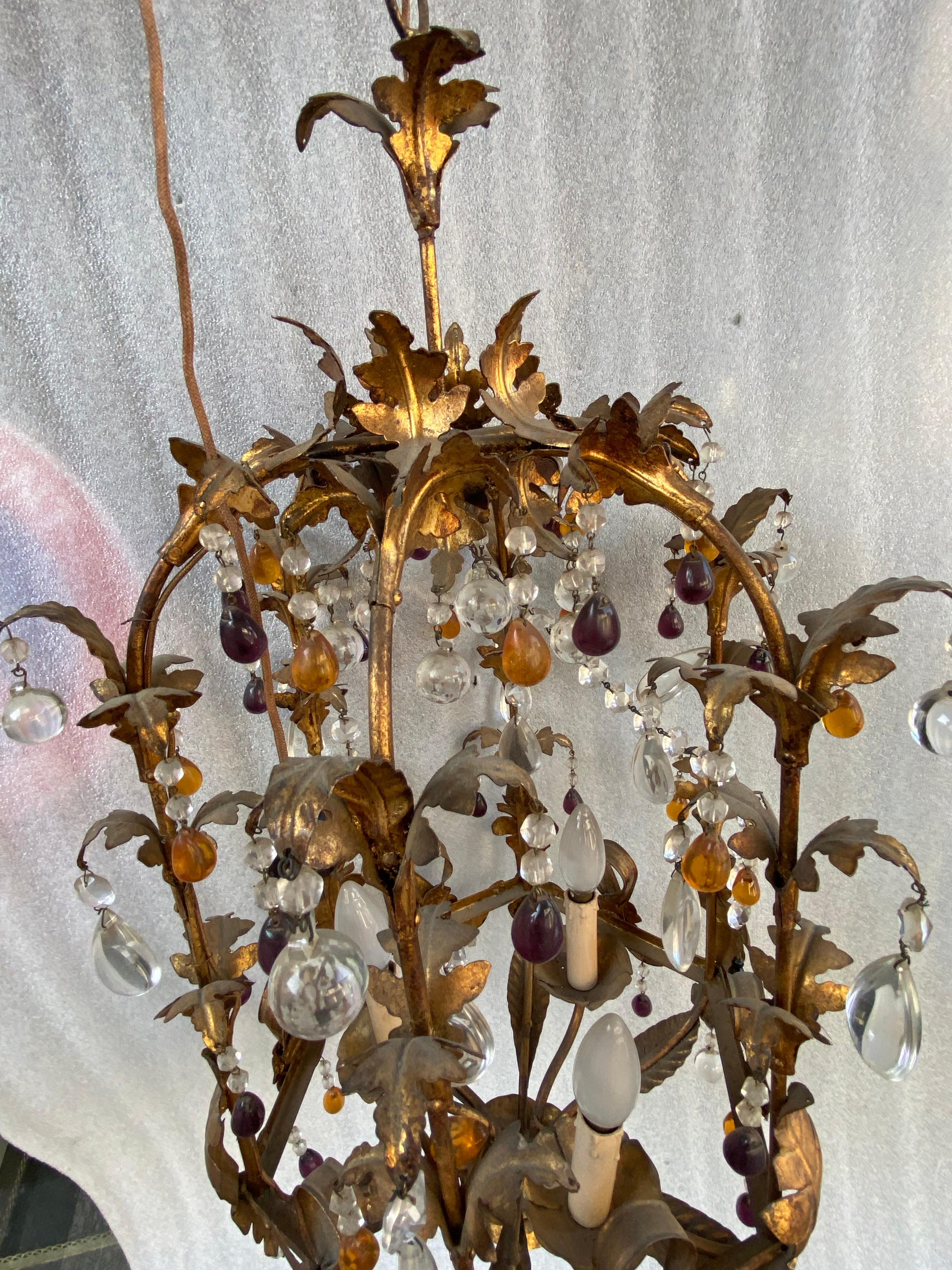 Rococo 1970′ Italian Lantern in Golden Iron with Colored Glass Pendants For Sale