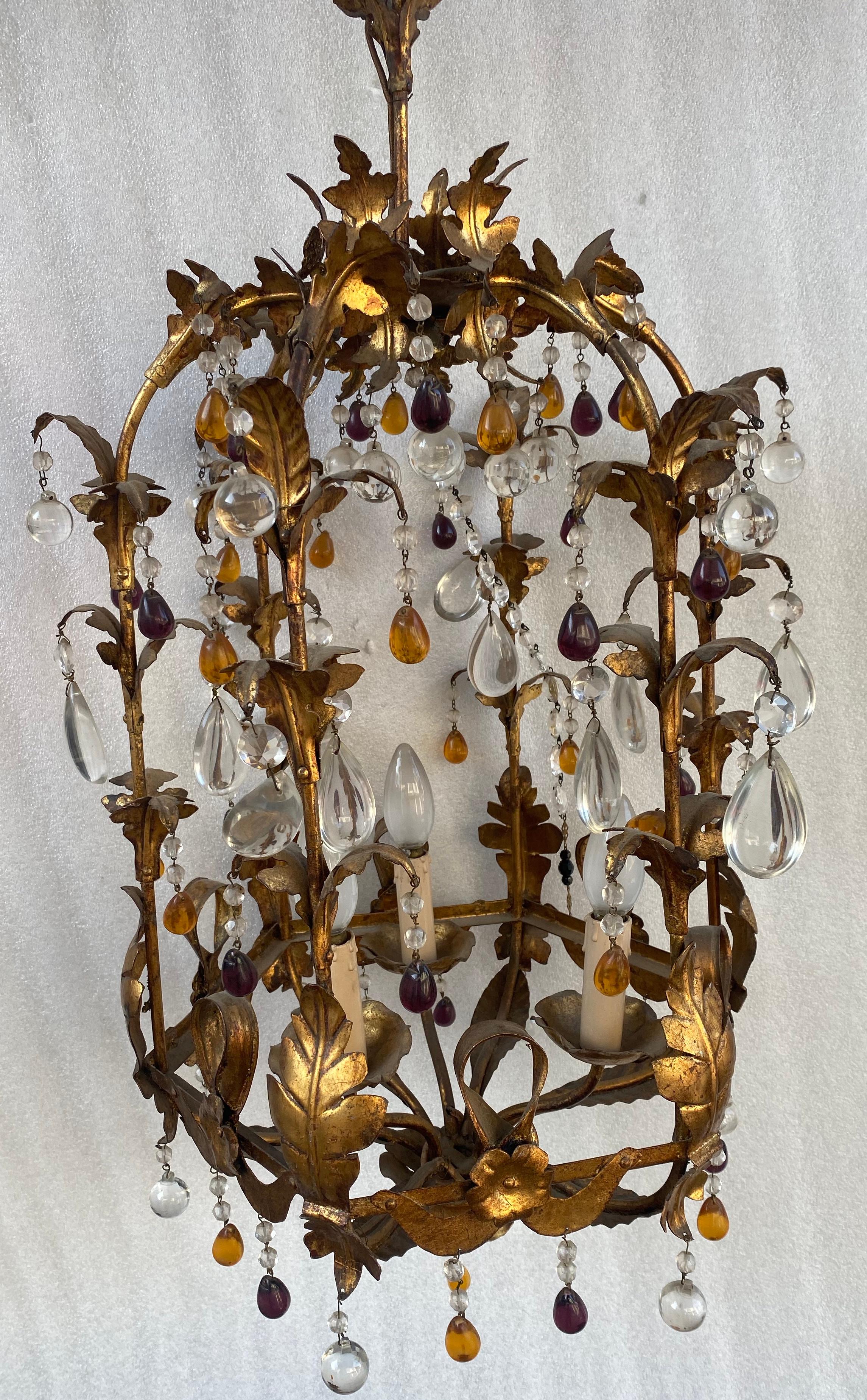 1970′ Italian Lantern in Golden Iron with Colored Glass Pendants For Sale 3