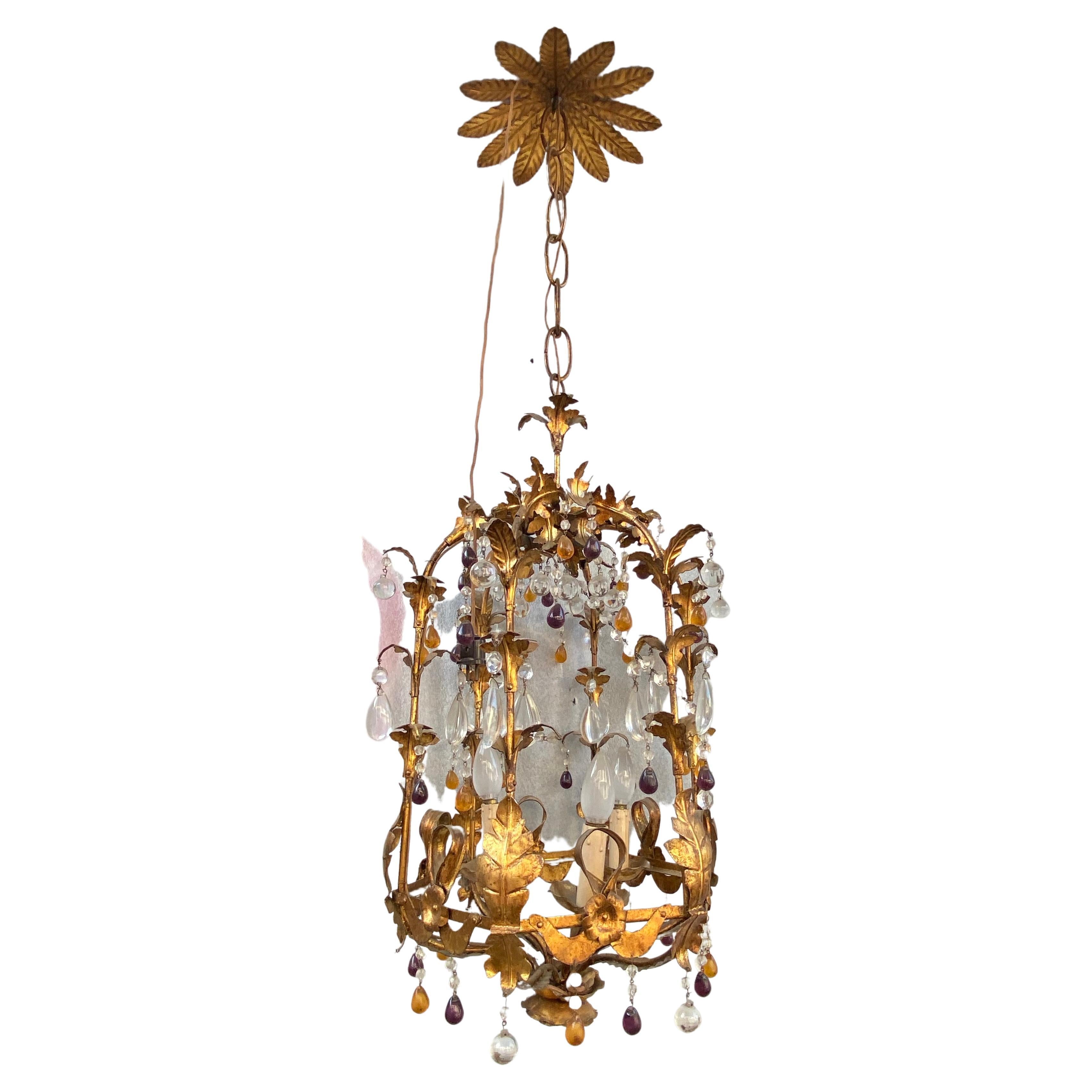 1970′ Italian Lantern in Golden Iron with Colored Glass Pendants For Sale