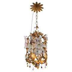 Vintage 1970′ Italian Lantern in Golden Iron with Colored Glass Pendants
