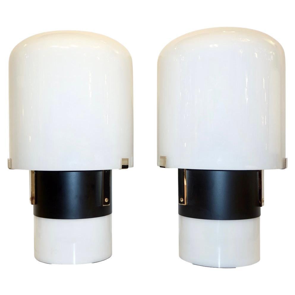 1970 Italian Minimalist Pair of Black White Glass Double-Lit Lucite Modern Lamps