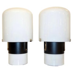 1970 Italian Minimalist Pair of Black White Glass Double-Lit Lucite Modern Lamps