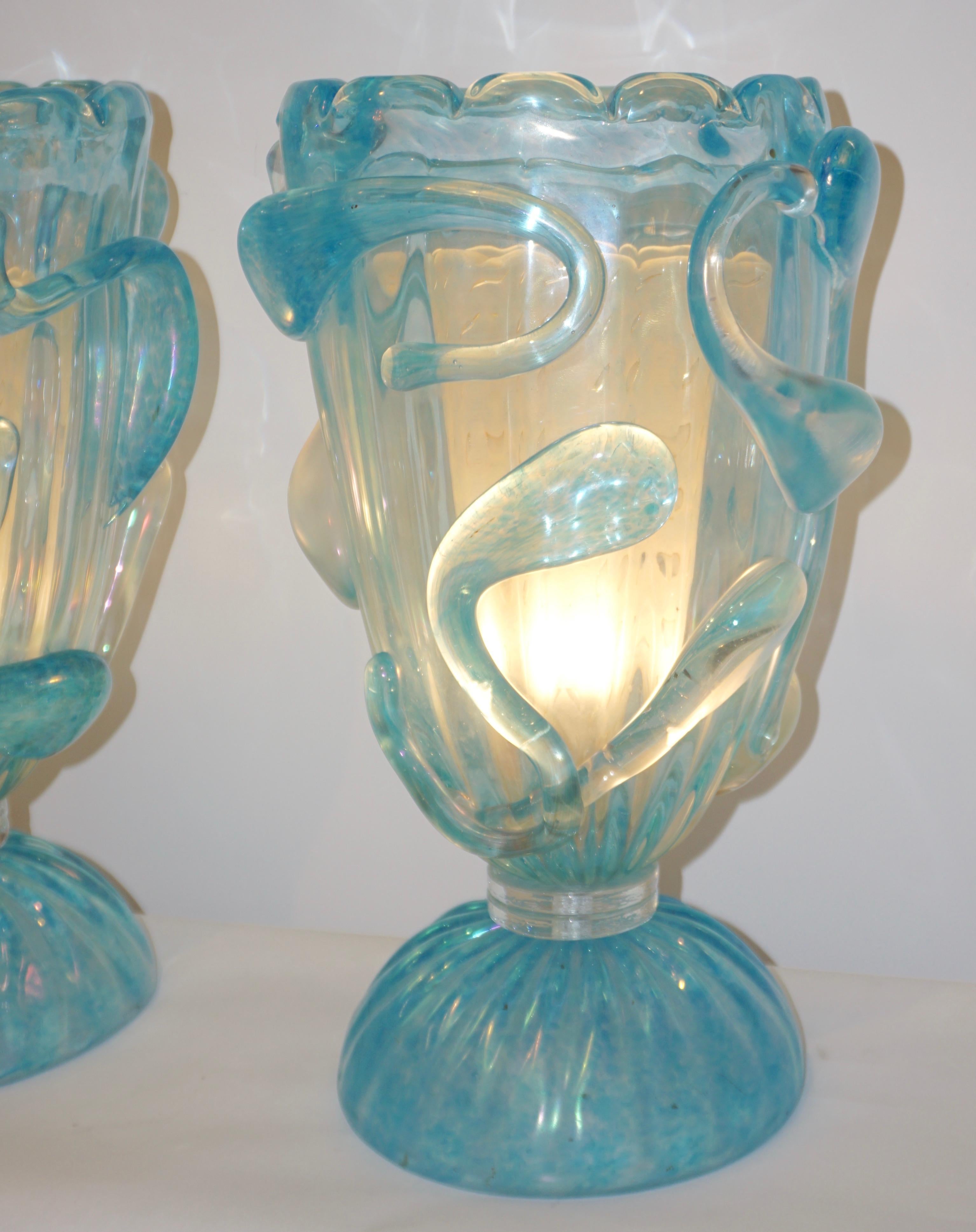 1970 Italian Modern Pair of Vintage Aquamarine Sea Blue Murano Glass Table Lamps 4
