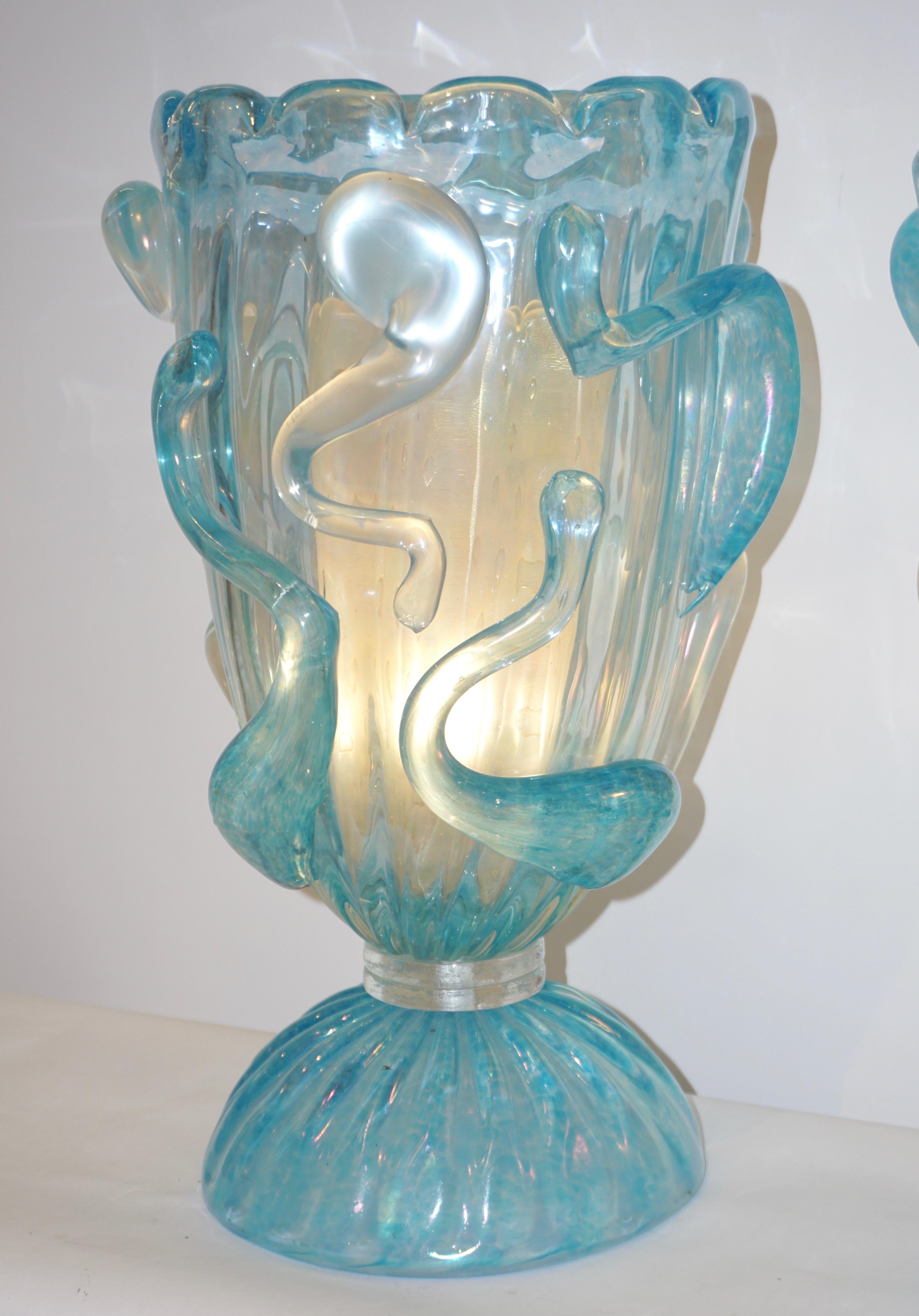 1970 Italian Modern Pair of Vintage Aquamarine Sea Blue Murano Glass Table Lamps 5