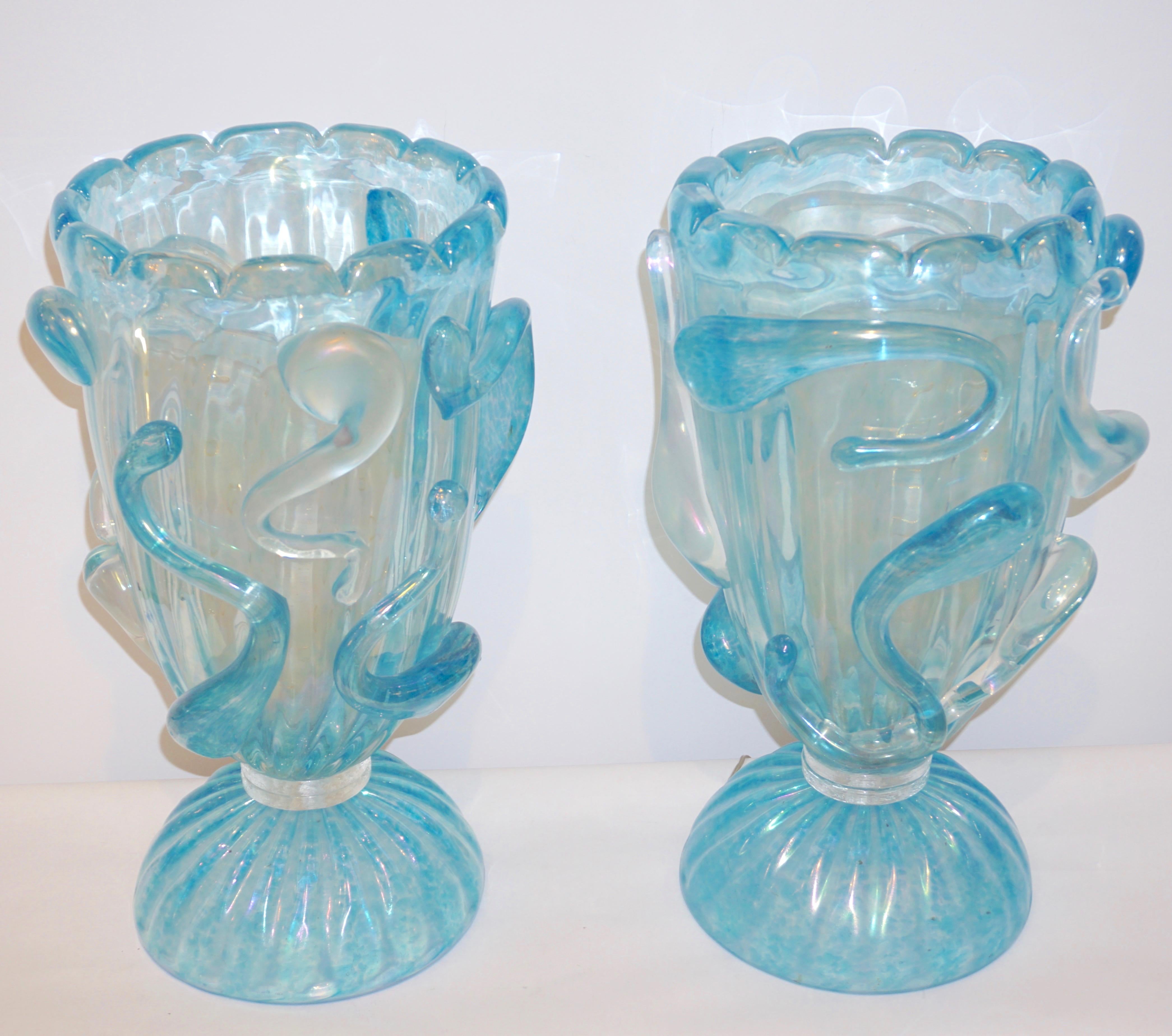 1970 Italian Modern Pair of Vintage Aquamarine Sea Blue Murano Glass Table Lamps 7