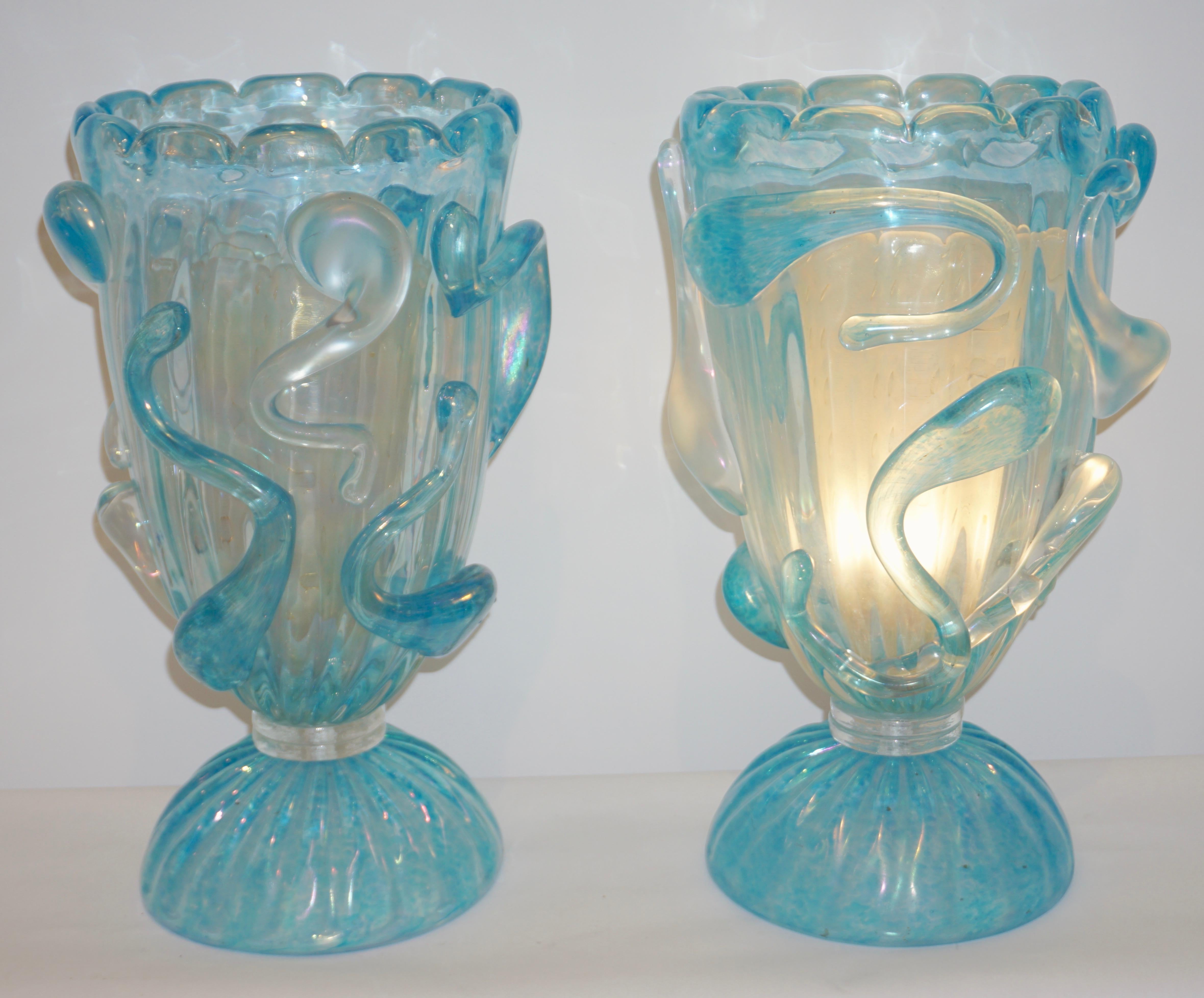 1970 Italian Modern Pair of Vintage Aquamarine Sea Blue Murano Glass Table Lamps 8