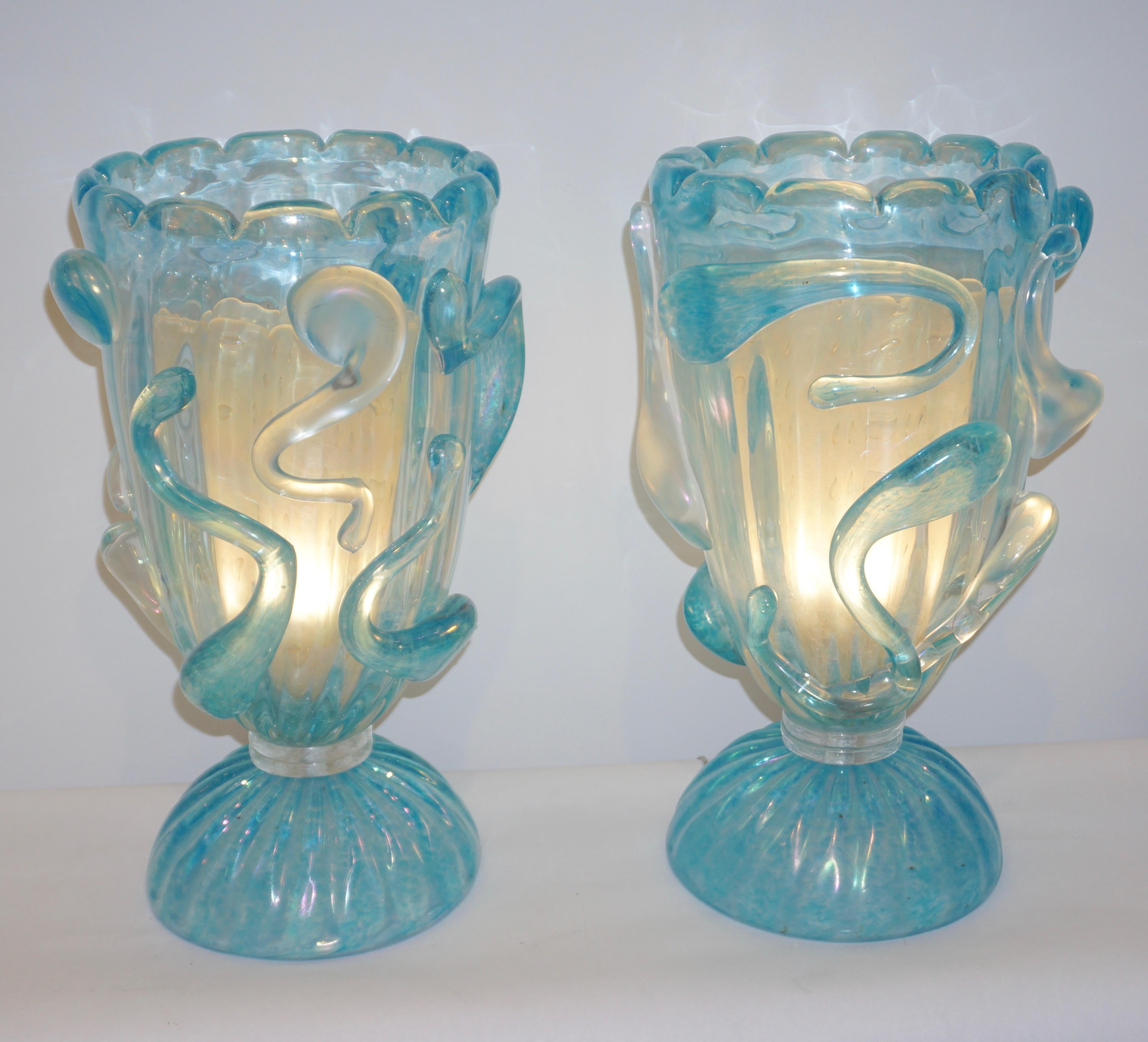 1970 Italian Modern Pair of Vintage Aquamarine Sea Blue Murano Glass Table Lamps 9