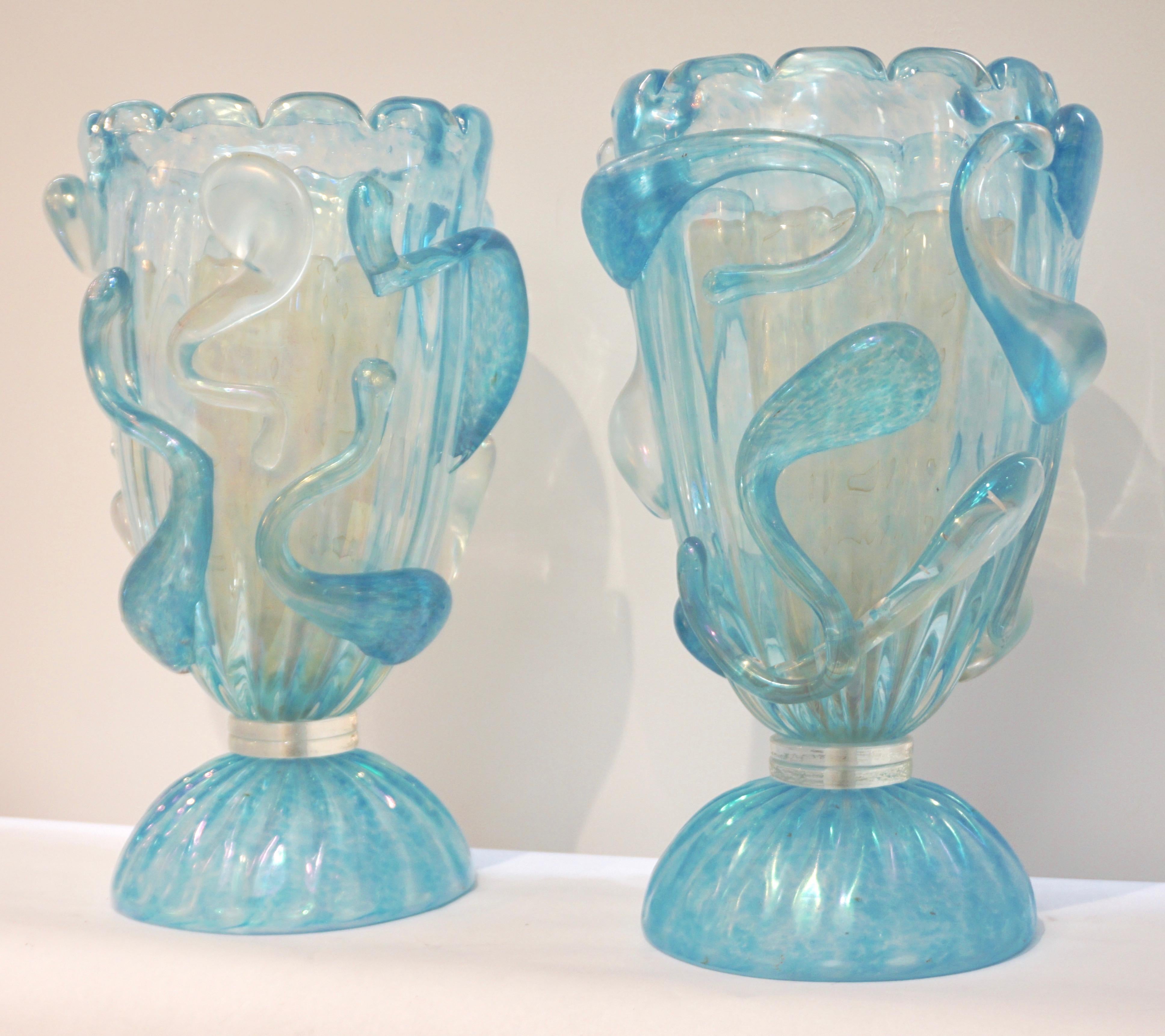 Organic Modern 1970 Italian Modern Pair of Vintage Aquamarine Sea Blue Murano Glass Table Lamps