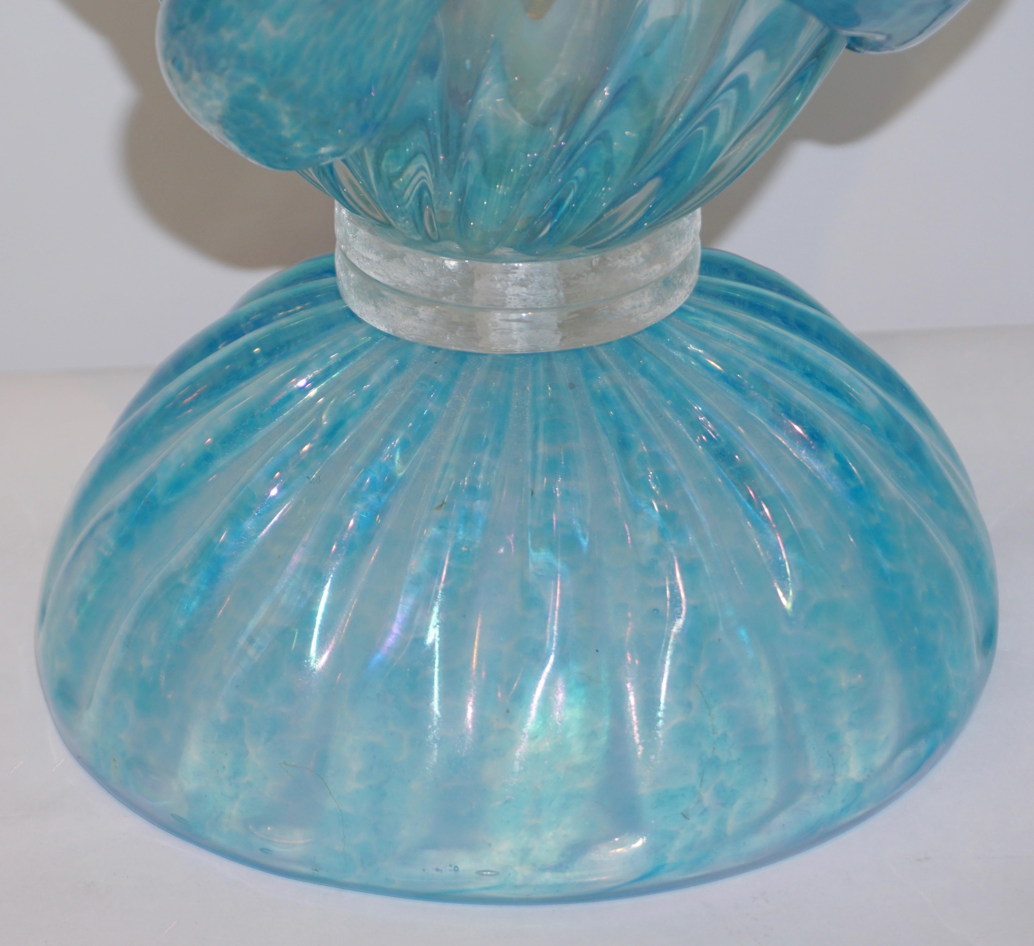 Hand-Crafted 1970 Italian Modern Pair of Vintage Aquamarine Sea Blue Murano Glass Table Lamps