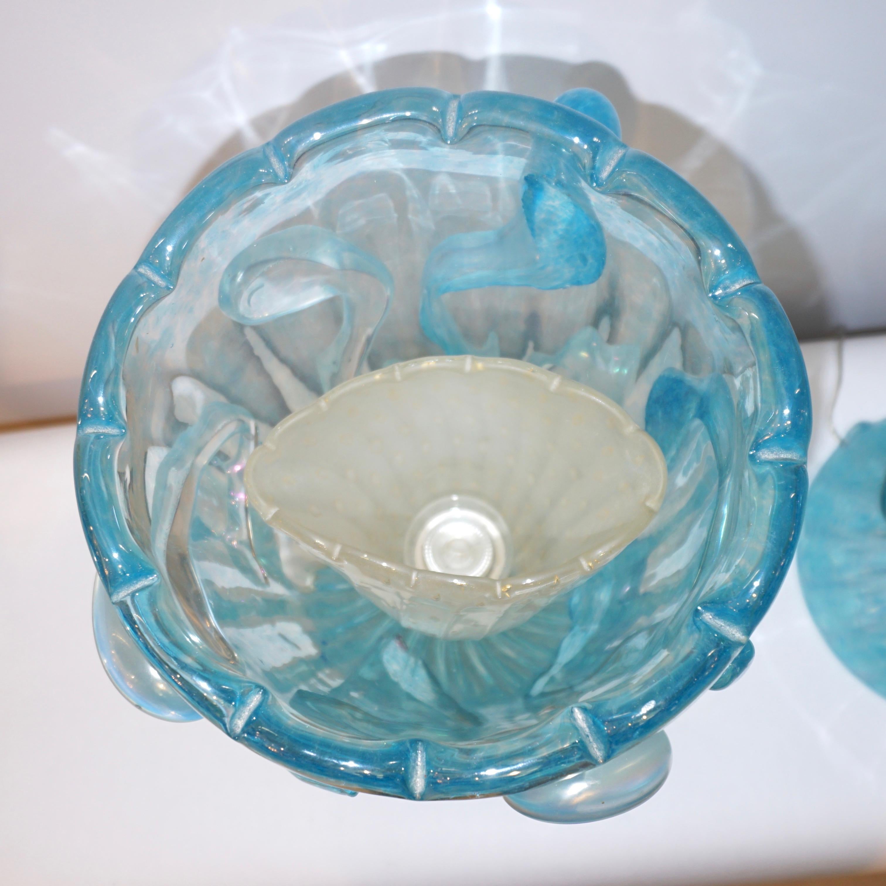 Late 20th Century 1970 Italian Modern Pair of Vintage Aquamarine Sea Blue Murano Glass Table Lamps