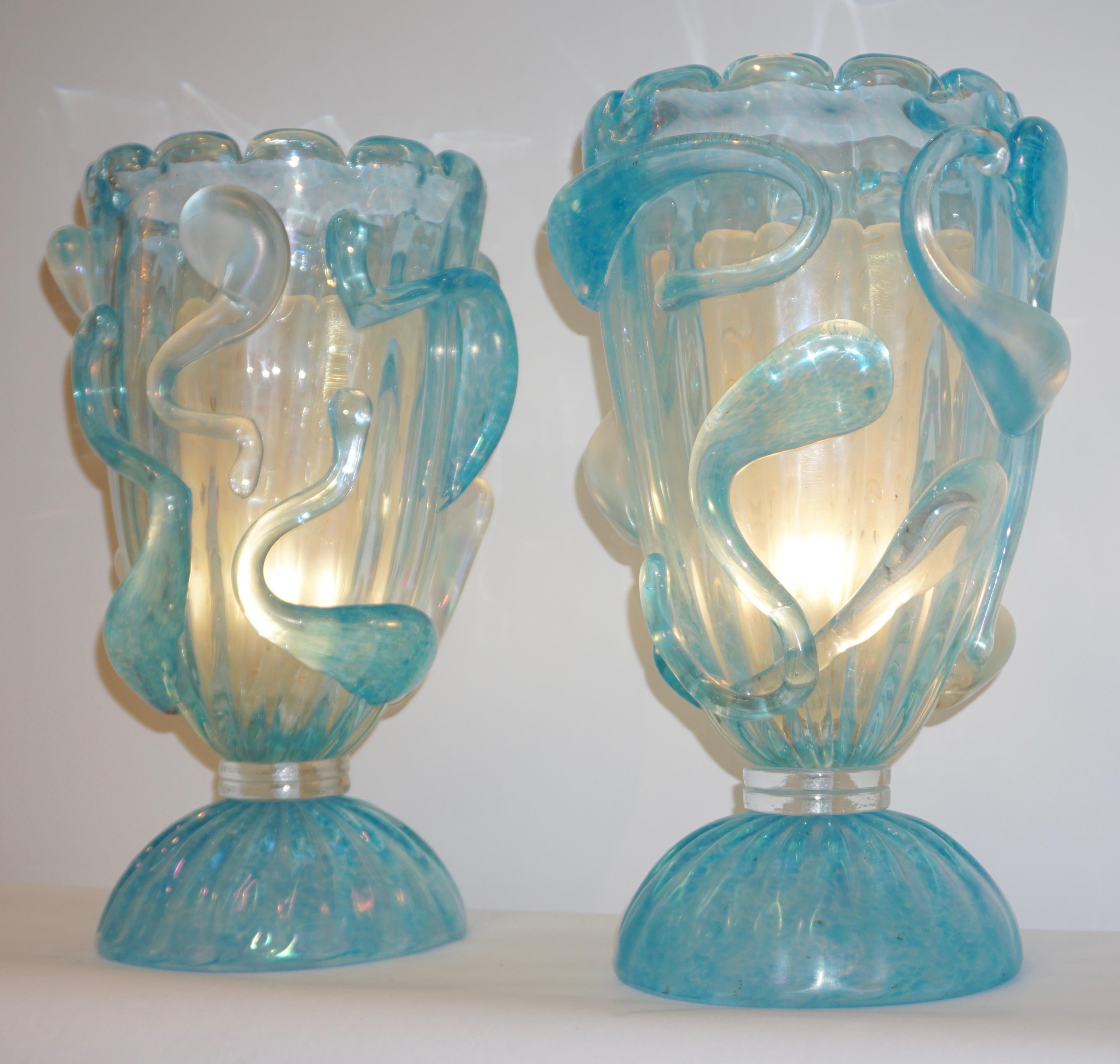 Blown Glass 1970 Italian Modern Pair of Vintage Aquamarine Sea Blue Murano Glass Table Lamps