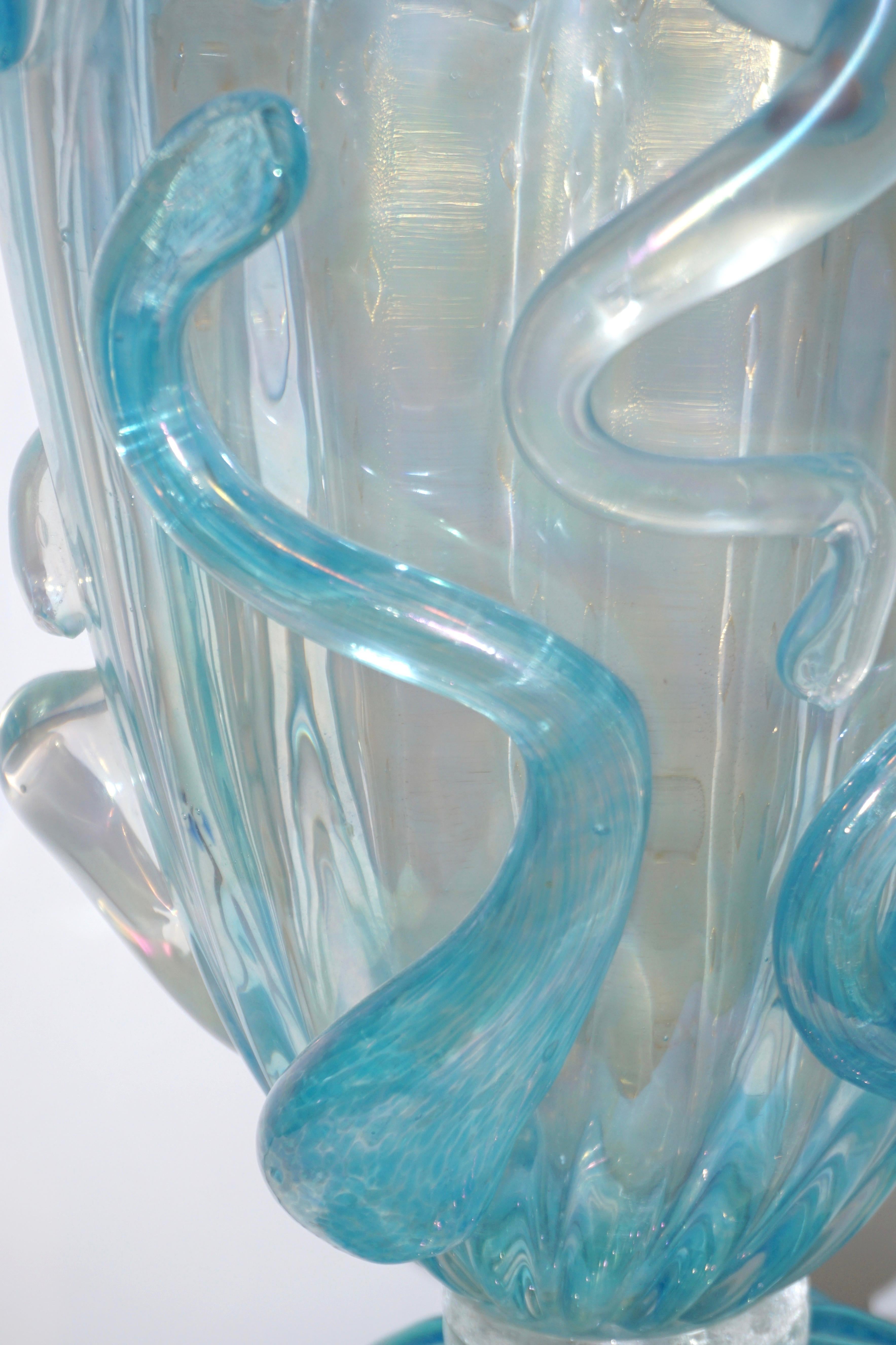 1970 Italian Modern Pair of Vintage Aquamarine Sea Blue Murano Glass Table Lamps 1