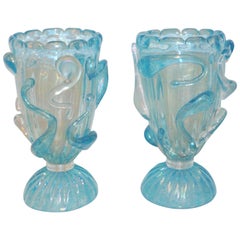1970 Italian Modern Pair of Vintage Aquamarine Sea Blue Murano Glass Table Lamps