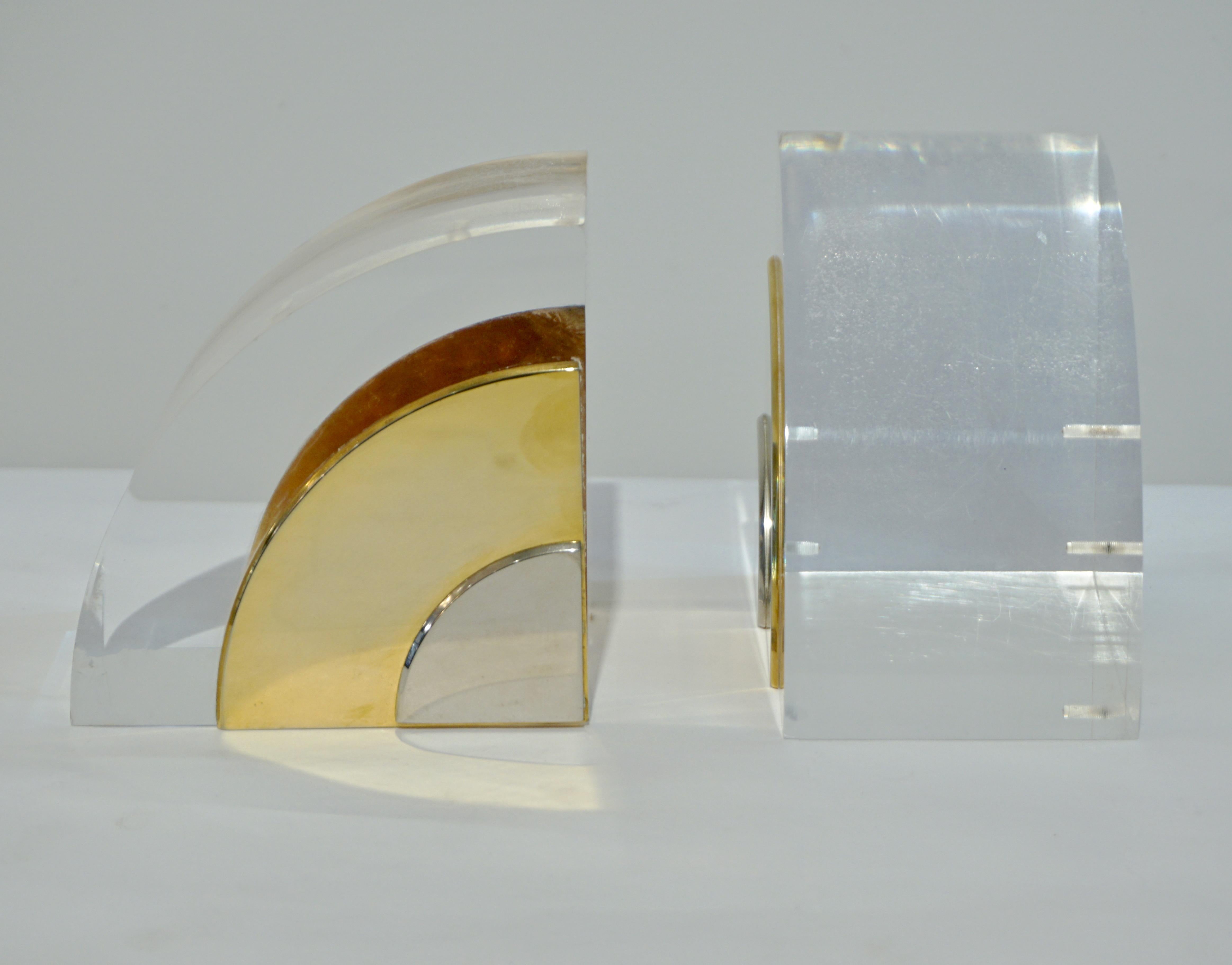 Hand-Crafted 1970 Italian Pair of Brass Nickel Lucite Bookends