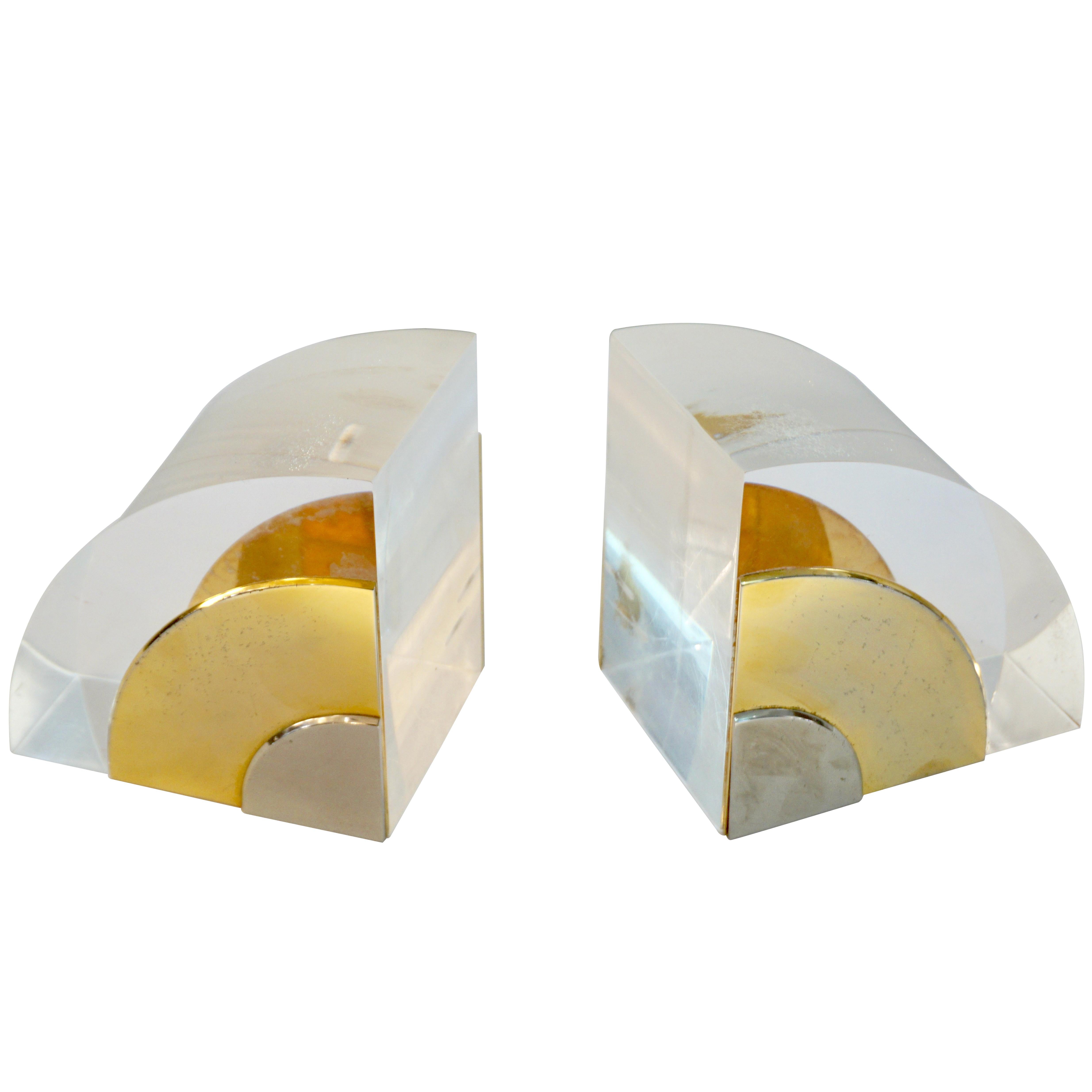 1970 Italian Pair of Brass Nickel Lucite Bookends