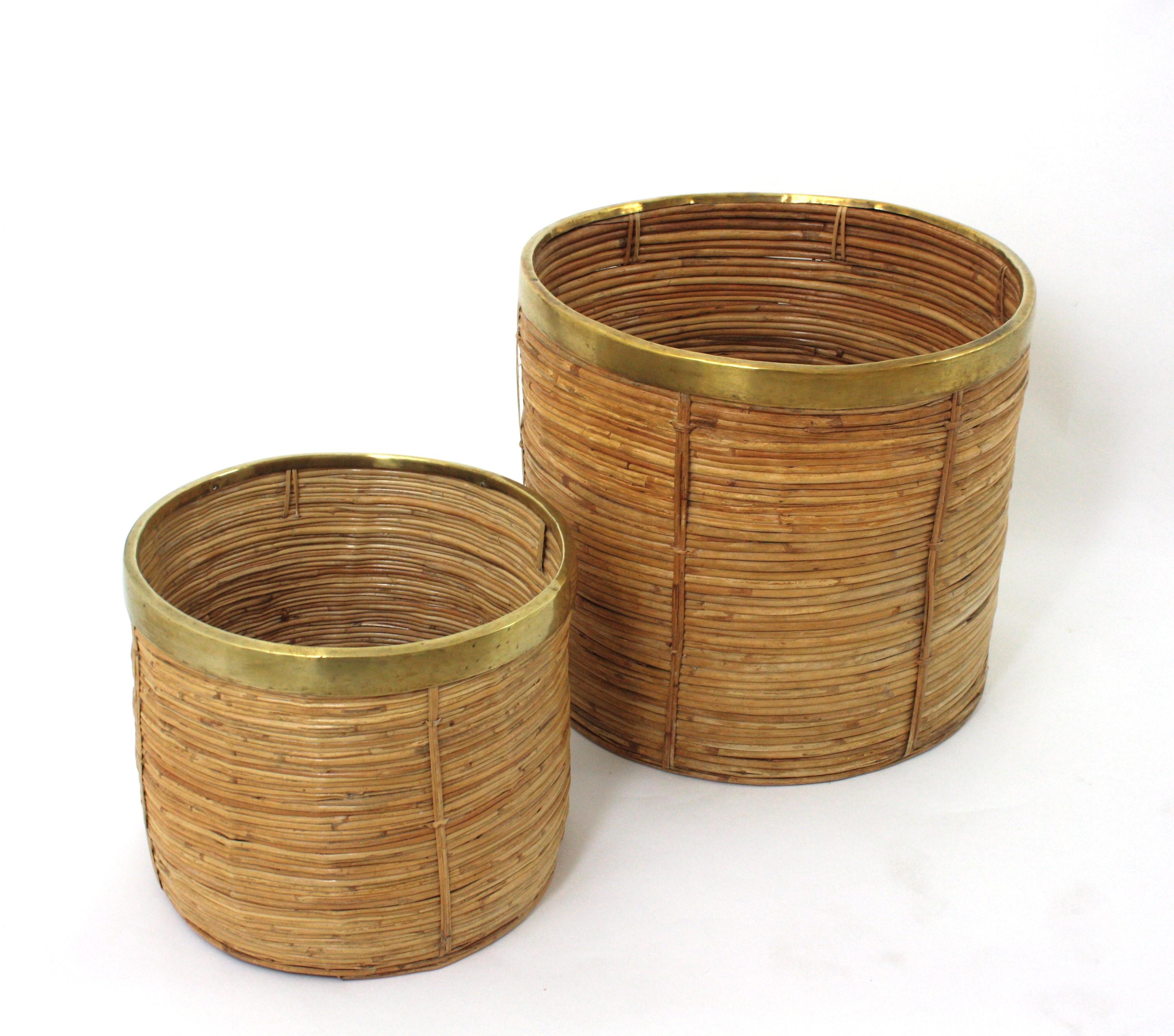 1970 Italian Rattan Bamboo Round Planter Basket with Brass Rim For Sale 4