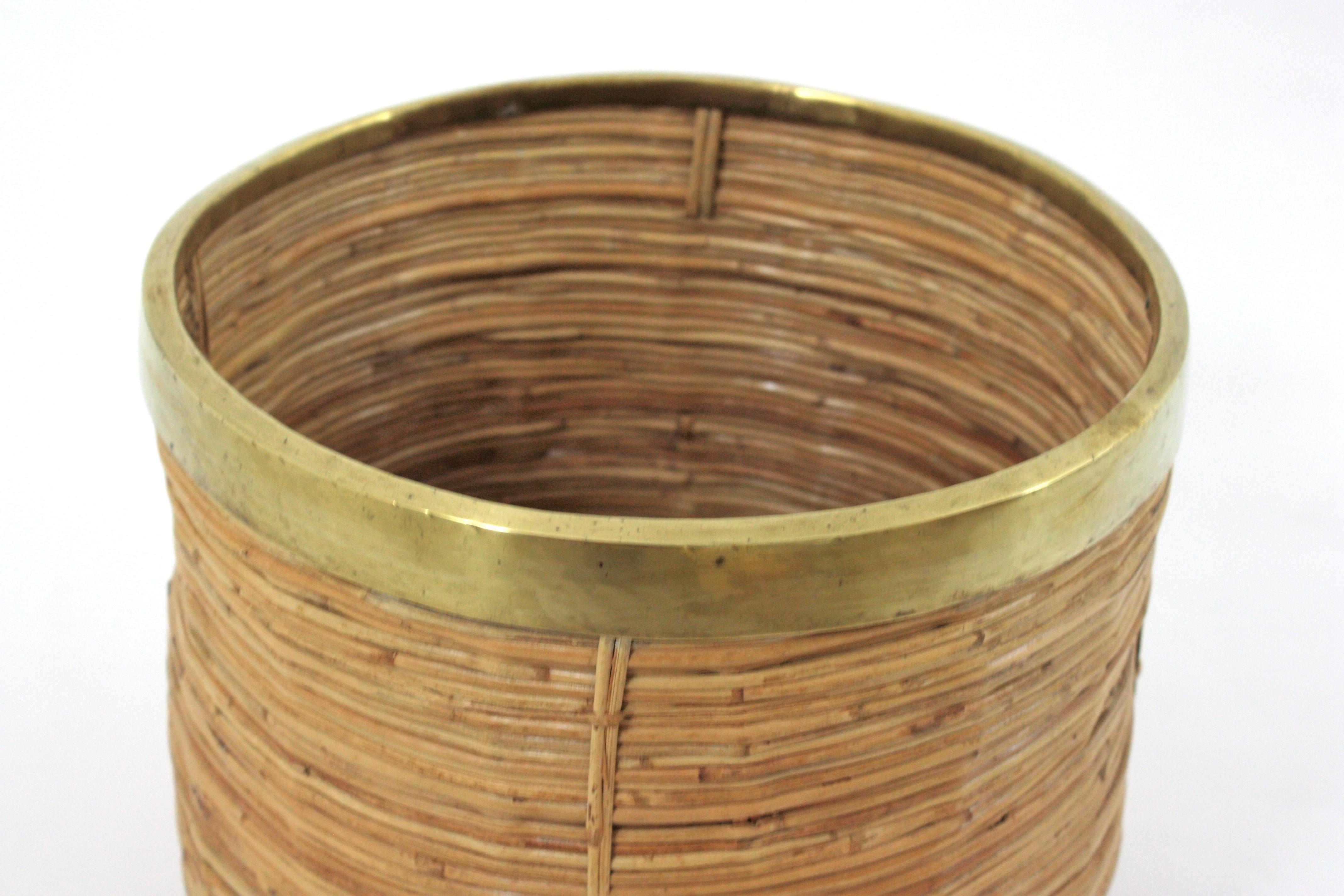 1970 Italian Rattan Bamboo Round Planter Basket with Brass Rim For Sale 5