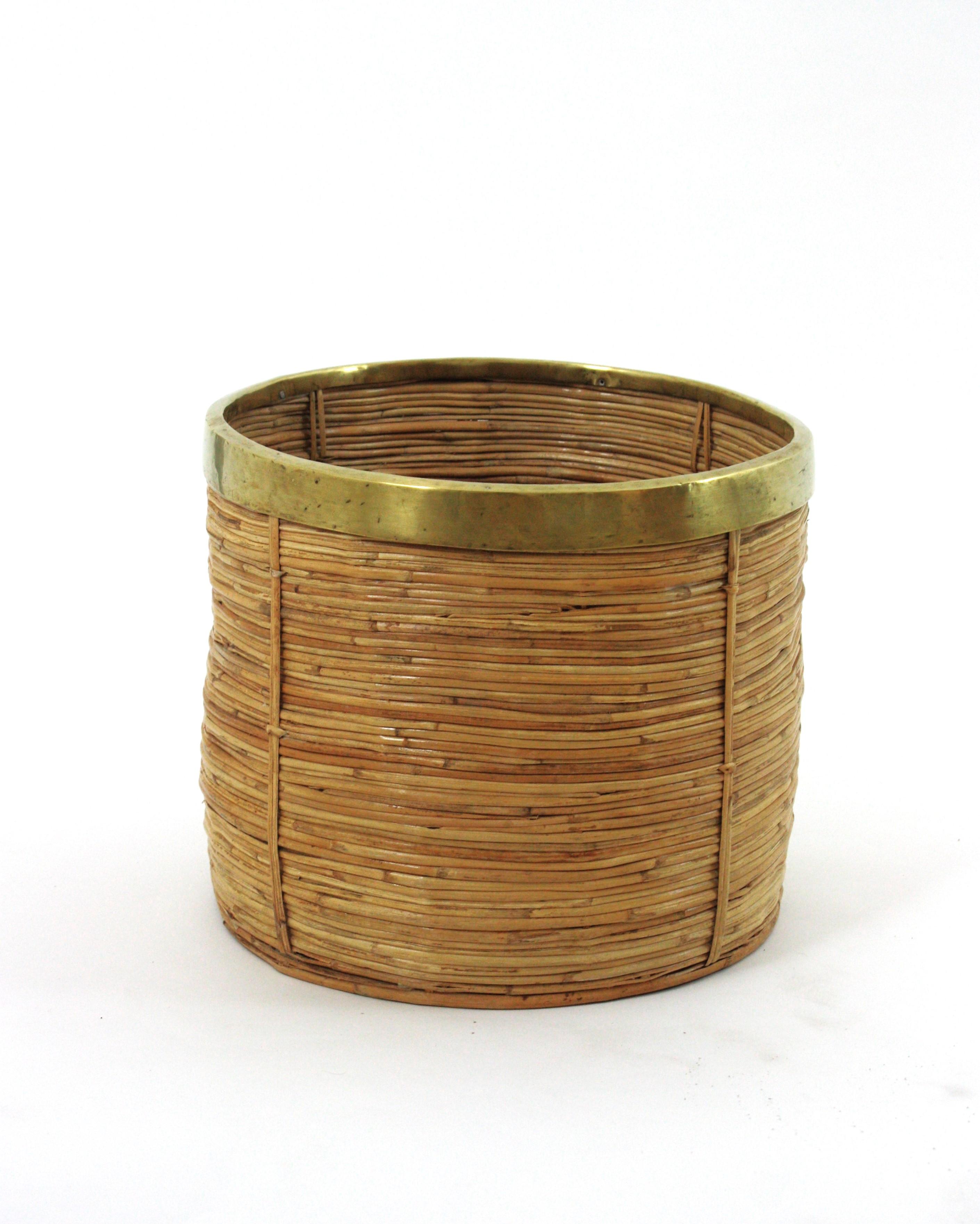 1970 Italian Rattan Bamboo Round Planter Basket with Brass Rim For Sale 6