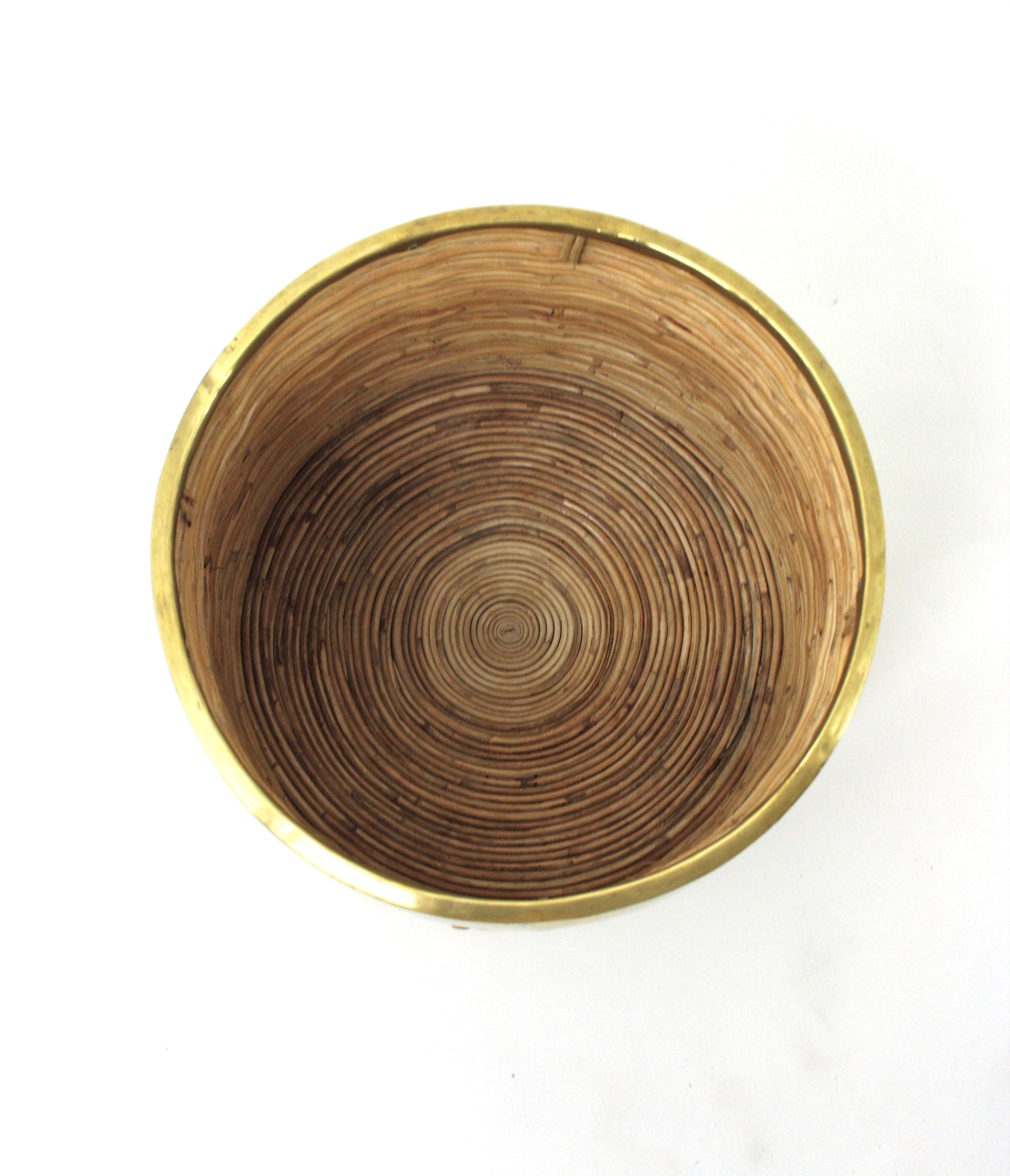1970 Italian Rattan Bamboo Round Planter Basket with Brass Rim For Sale 7