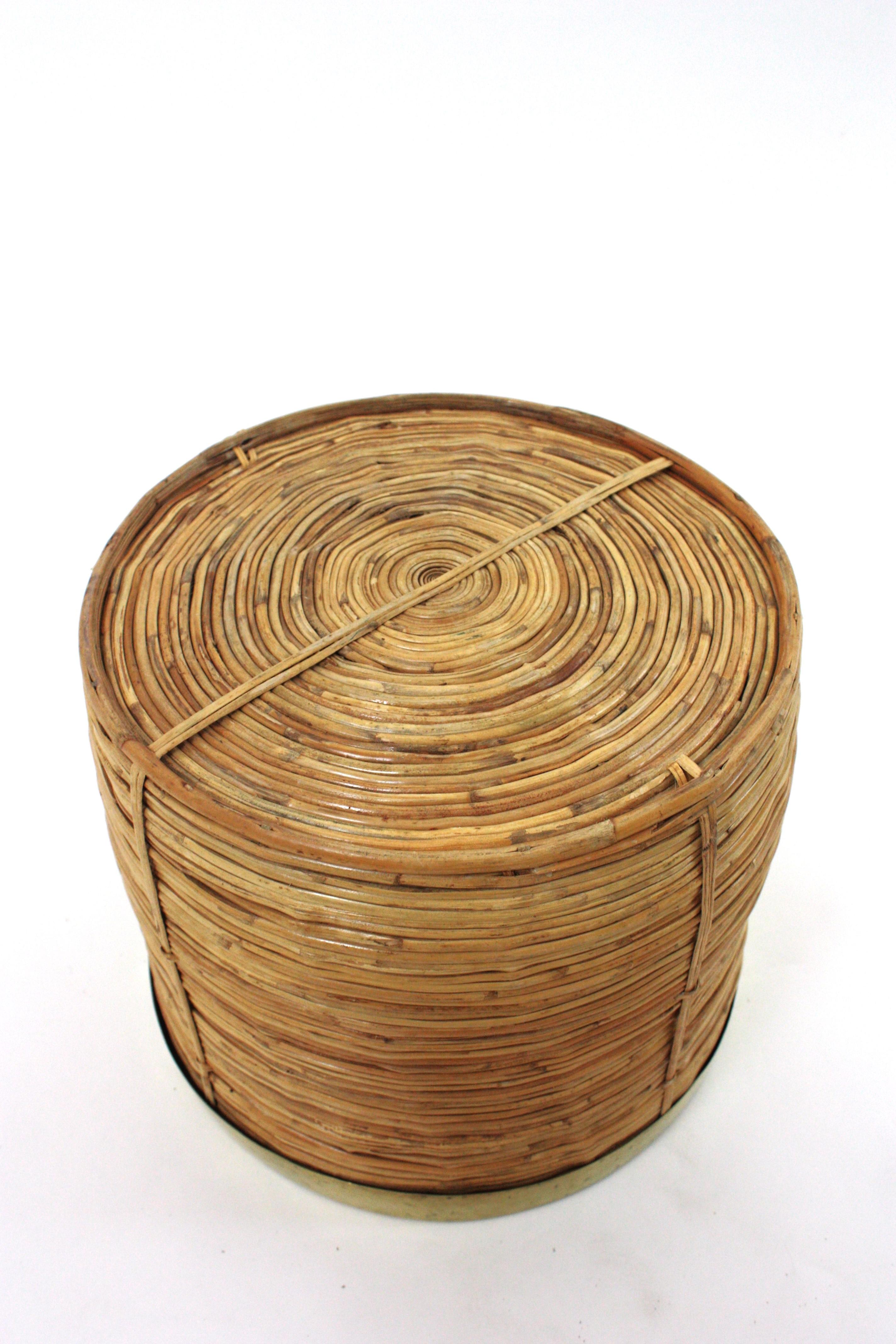 1970 Italian Rattan Bamboo Round Planter Basket with Brass Rim For Sale 8