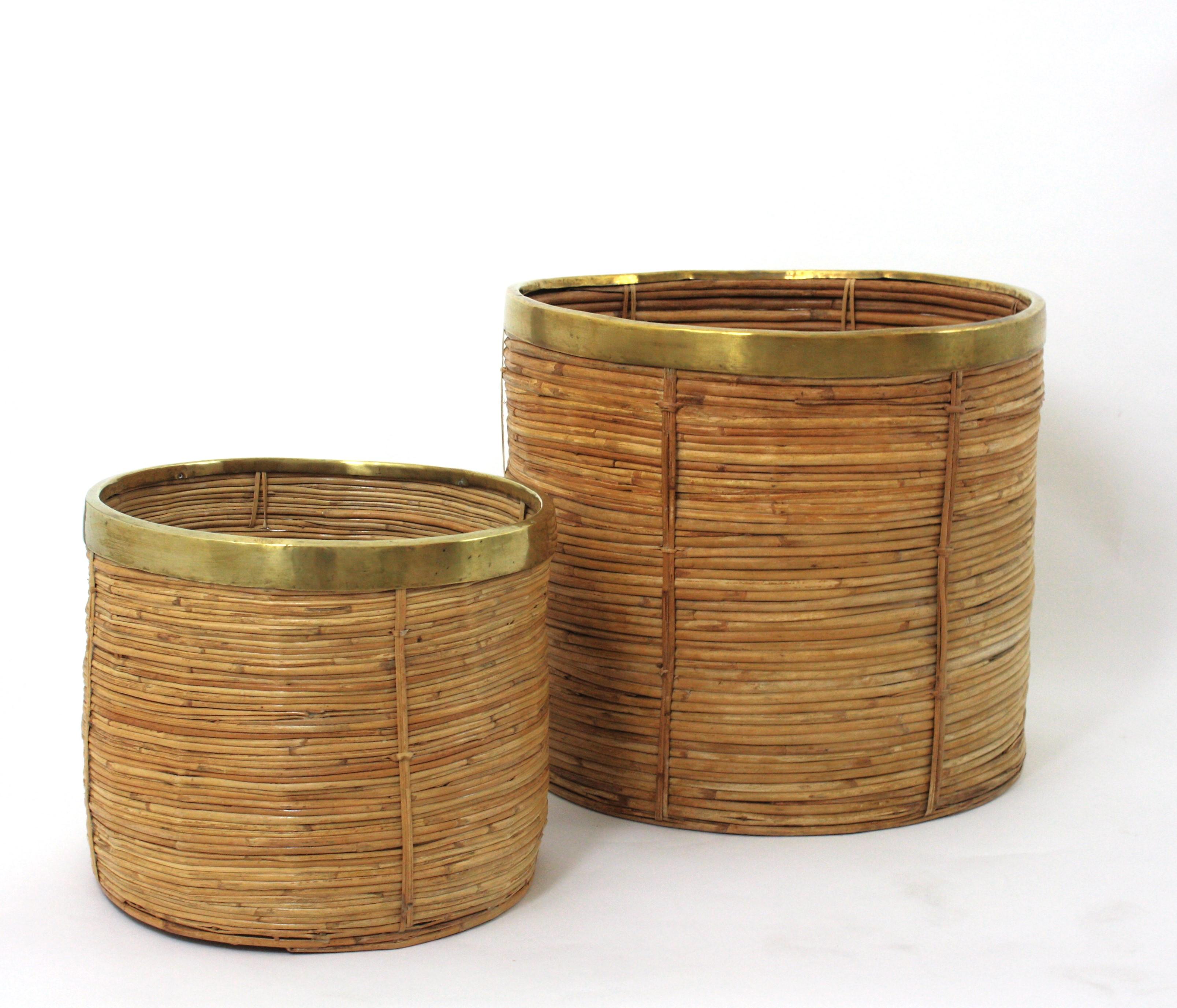 1970 Italian Rattan Bamboo Round Planter Basket with Brass Rim For Sale 9