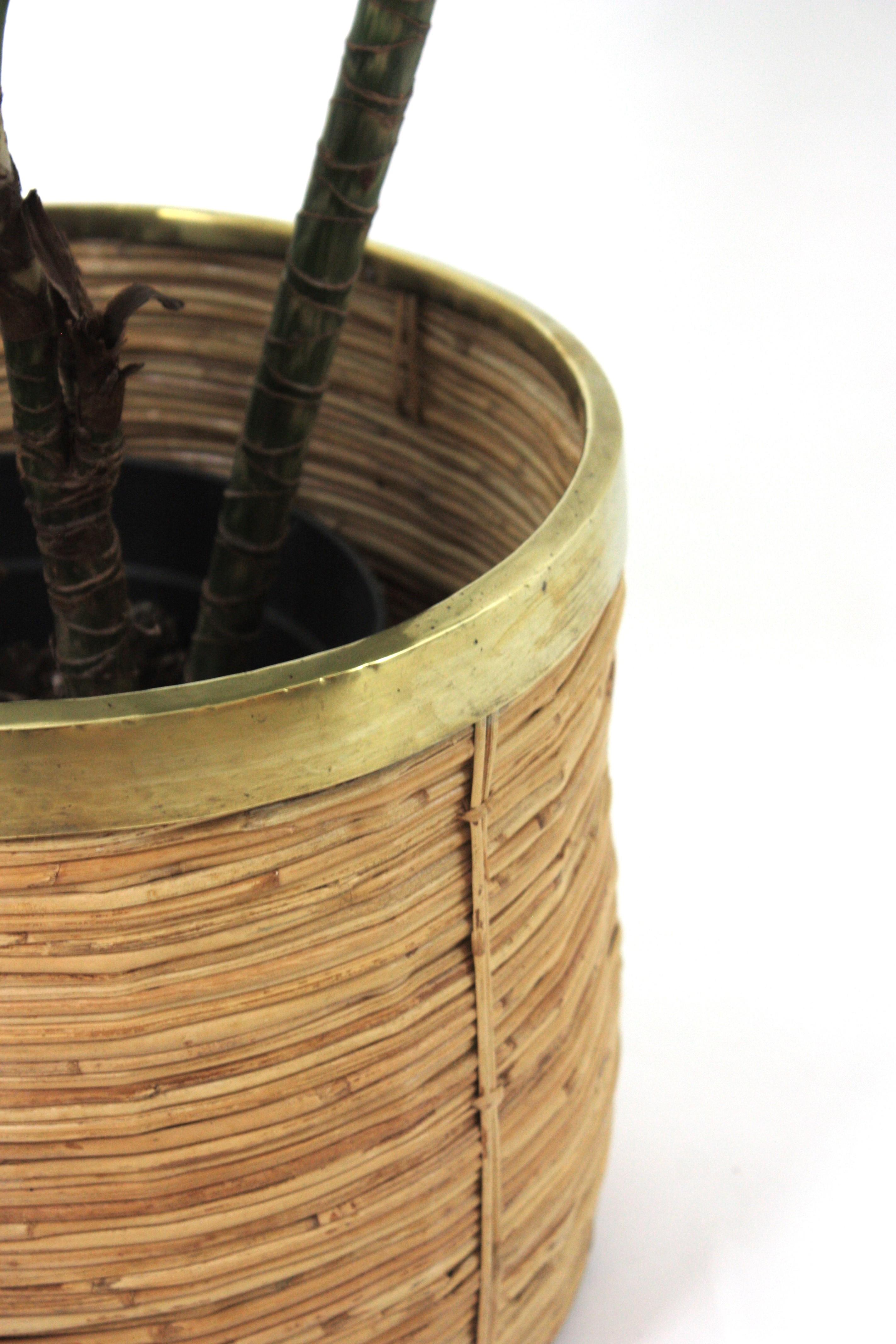 1970 Italian Rattan Bamboo Round Planter Basket with Brass Rim In Good Condition For Sale In Barcelona, ES