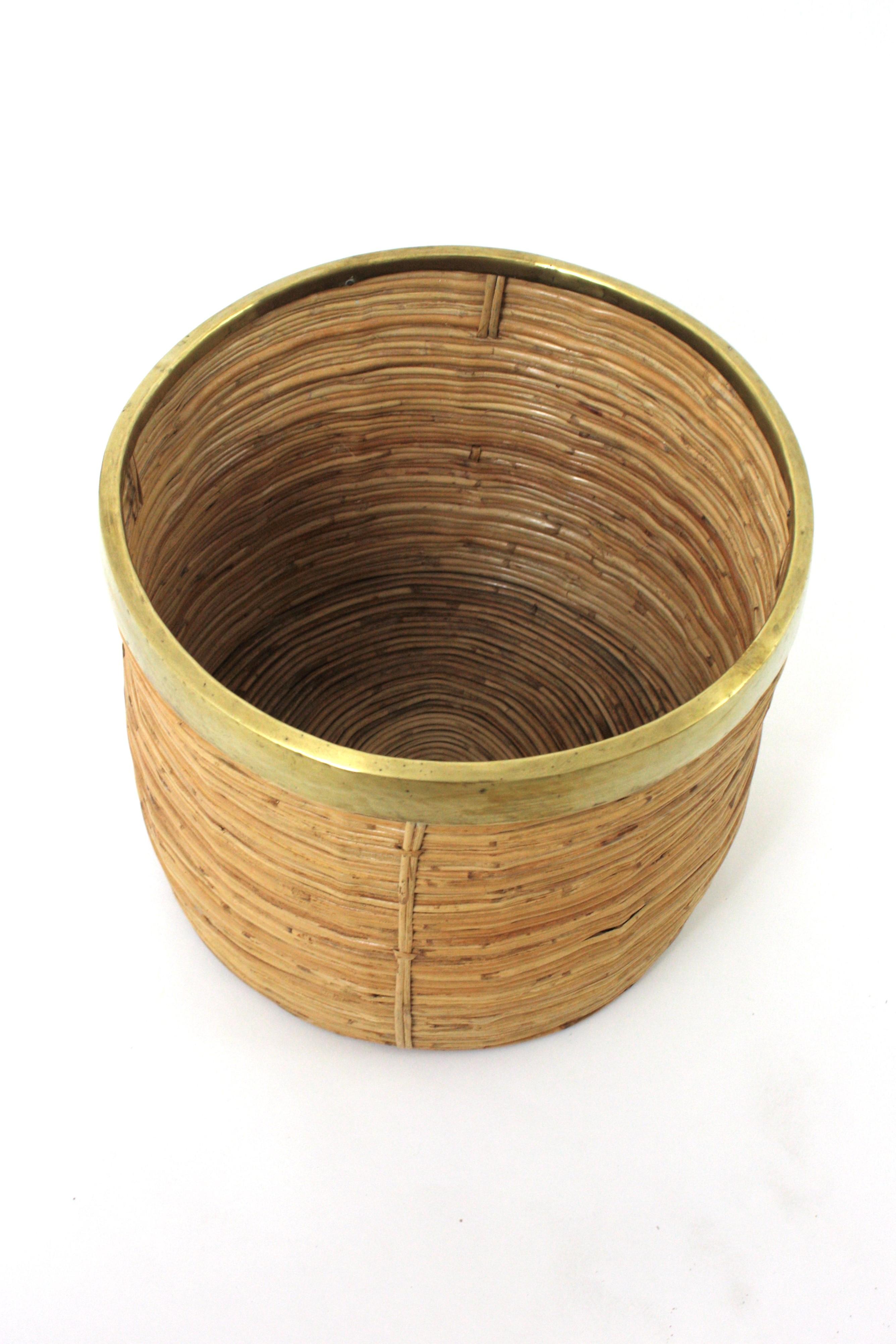 1970 Italian Rattan Bamboo Round Planter Basket with Brass Rim For Sale 3