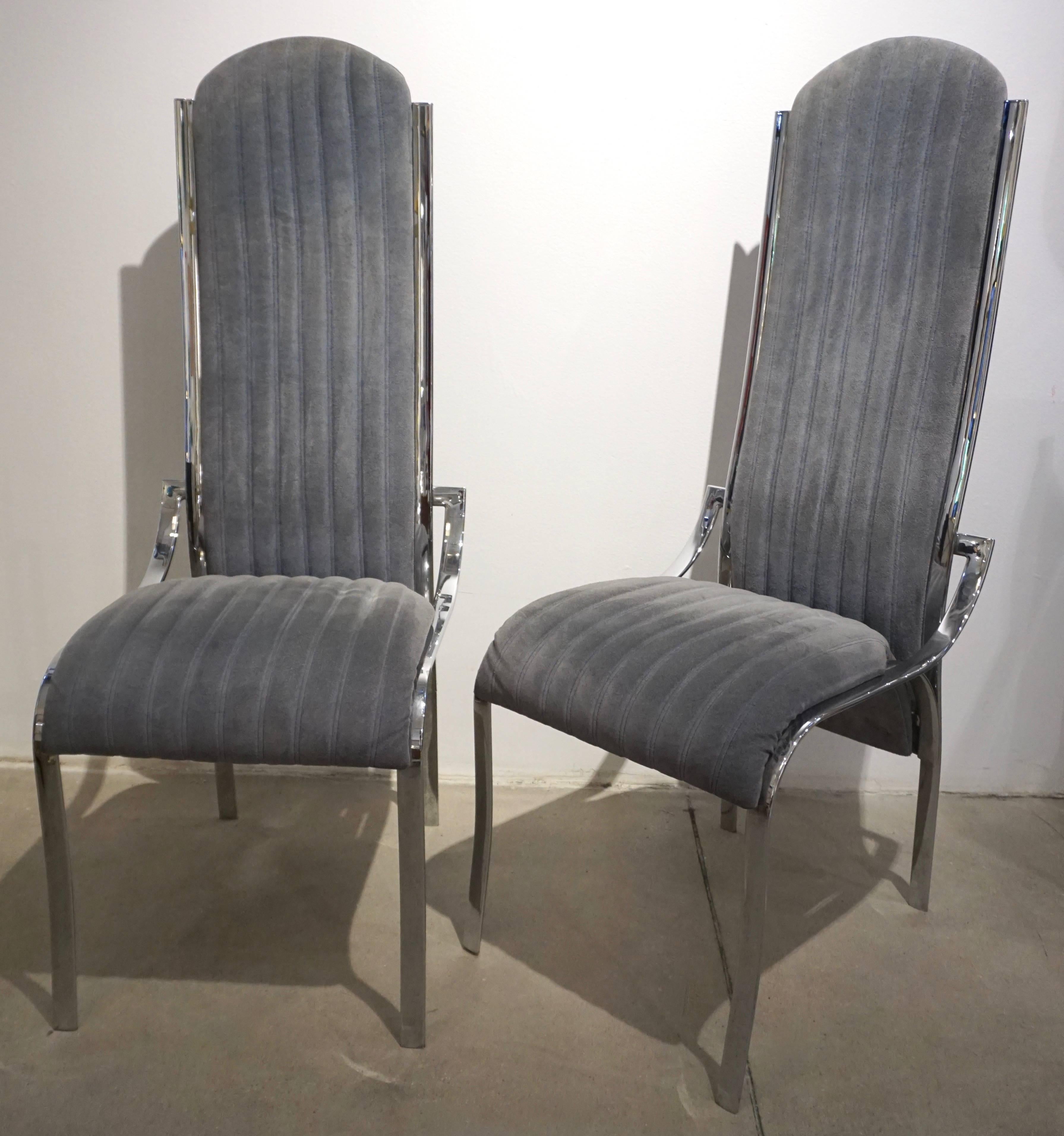 Italian Vintage Four Curved High Back Chrome Chairs in Blue Gray Stitch Fabric In Good Condition For Sale In New York, NY