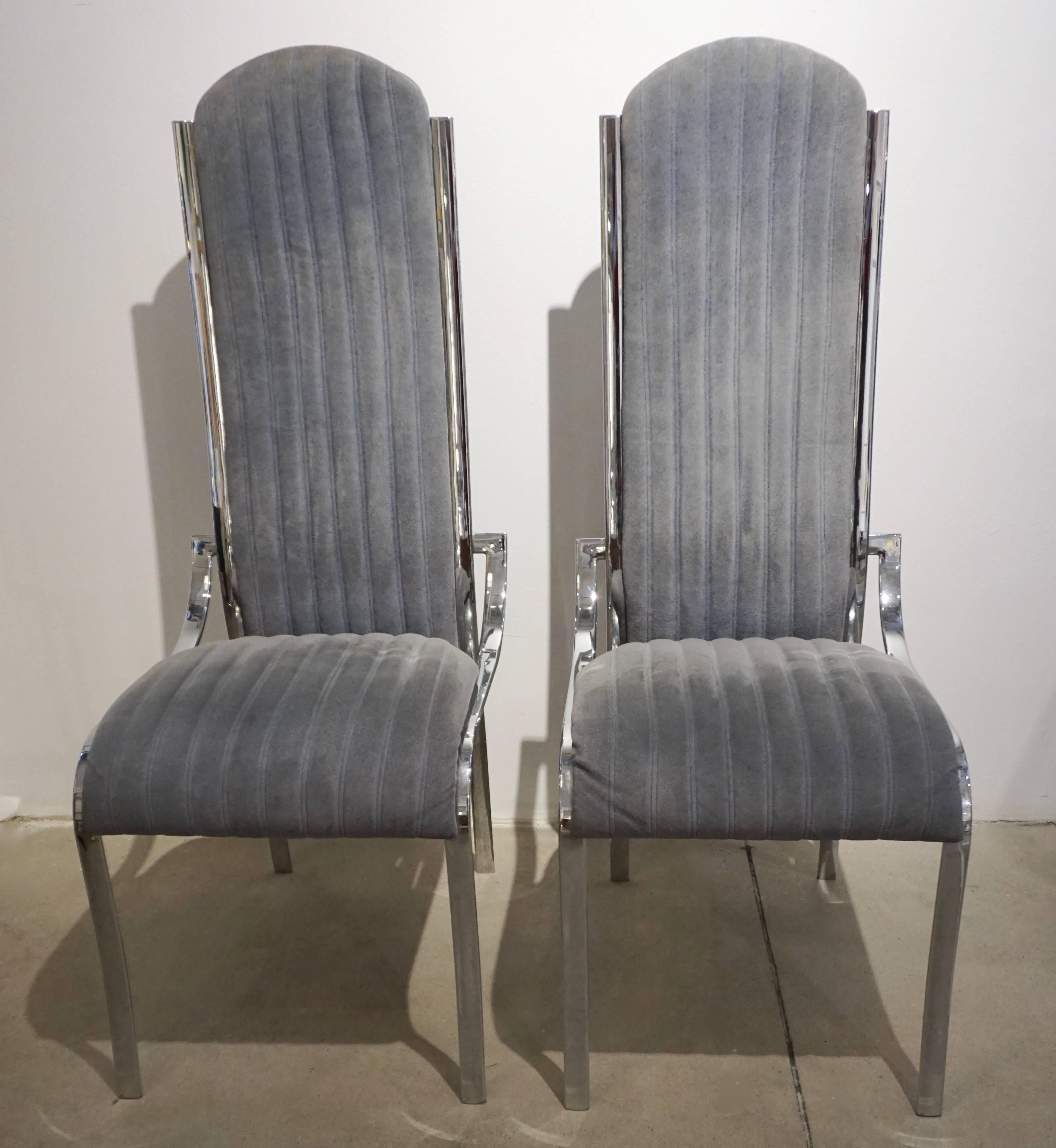 Late 20th Century Italian Vintage Four Curved High Back Chrome Chairs in Blue Gray Stitch Fabric For Sale