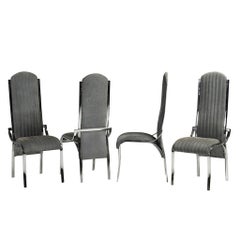 Italian Vintage Four Curved High Back Chrome Chairs in Blue Gray Stitch Fabric