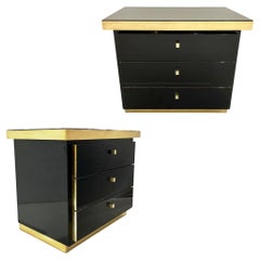 1970 Italian Vintage Brass Black Lacquer 3-Drawer Pair of Nightstands/Sidetables