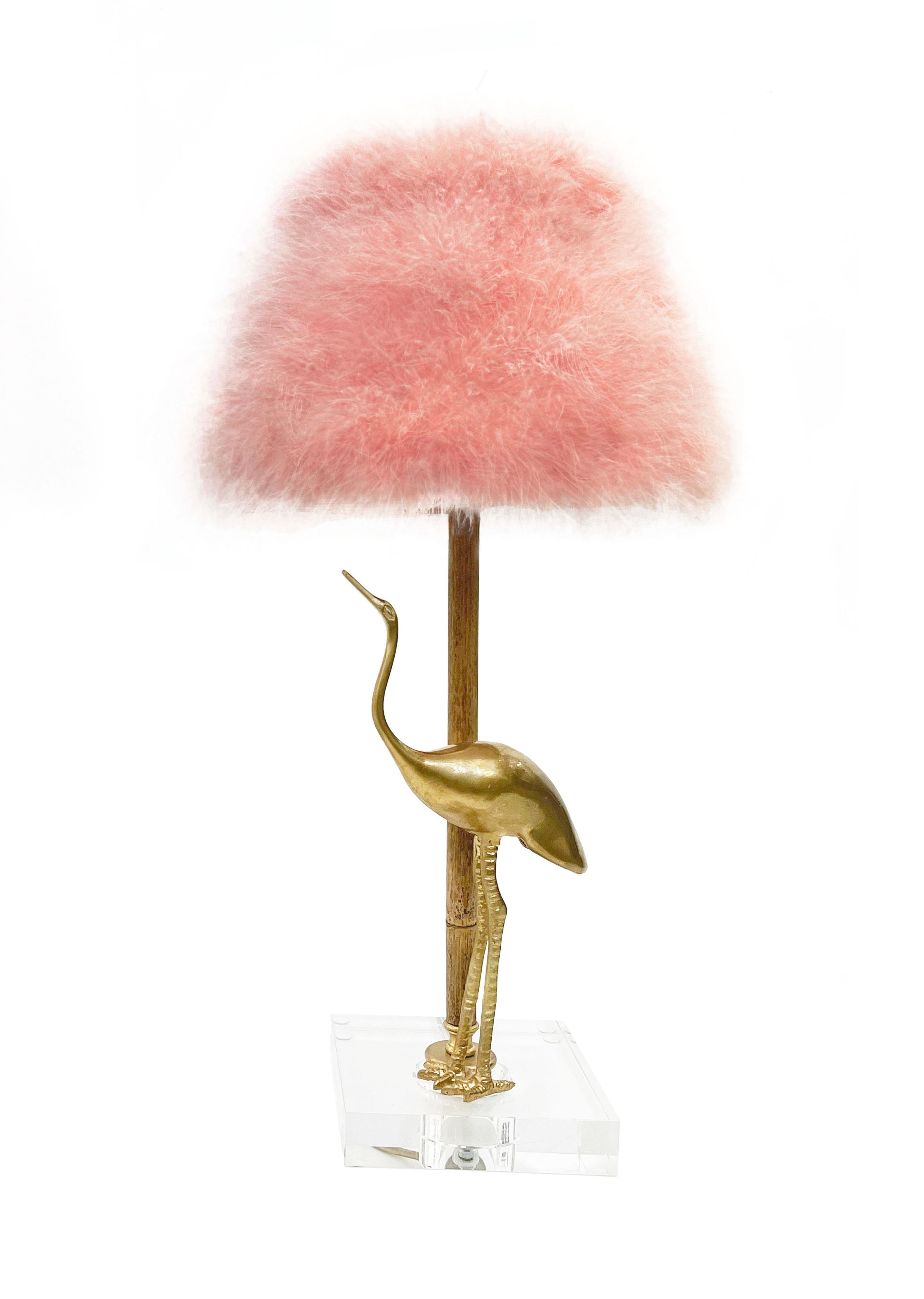 1970 Italian Vintage Pair of Brass Lucite Bamboo Table Lamps & Pink Fur Shades 2