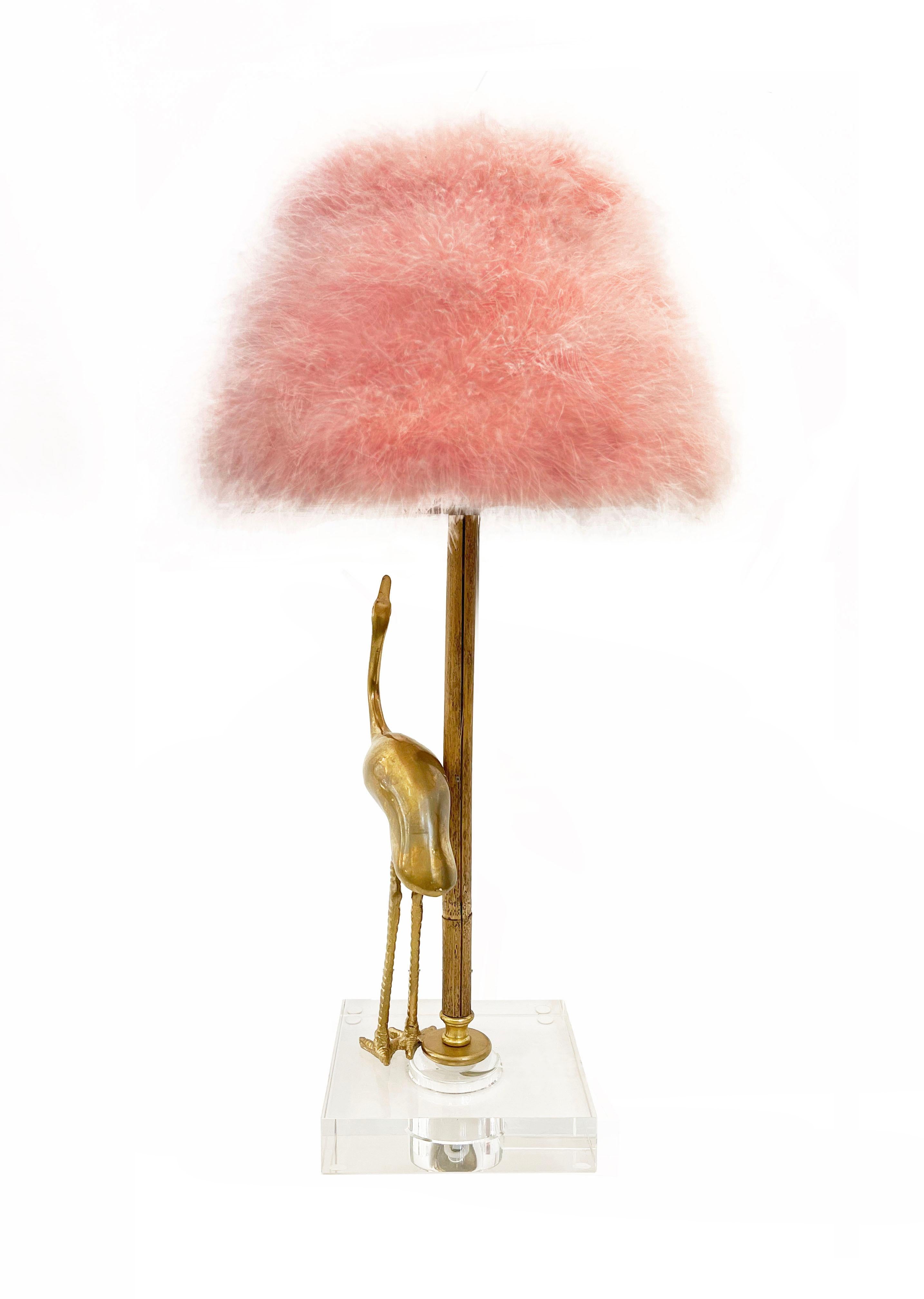 1970 Italian Vintage Pair of Brass Lucite Bamboo Table Lamps & Pink Fur Shades 3