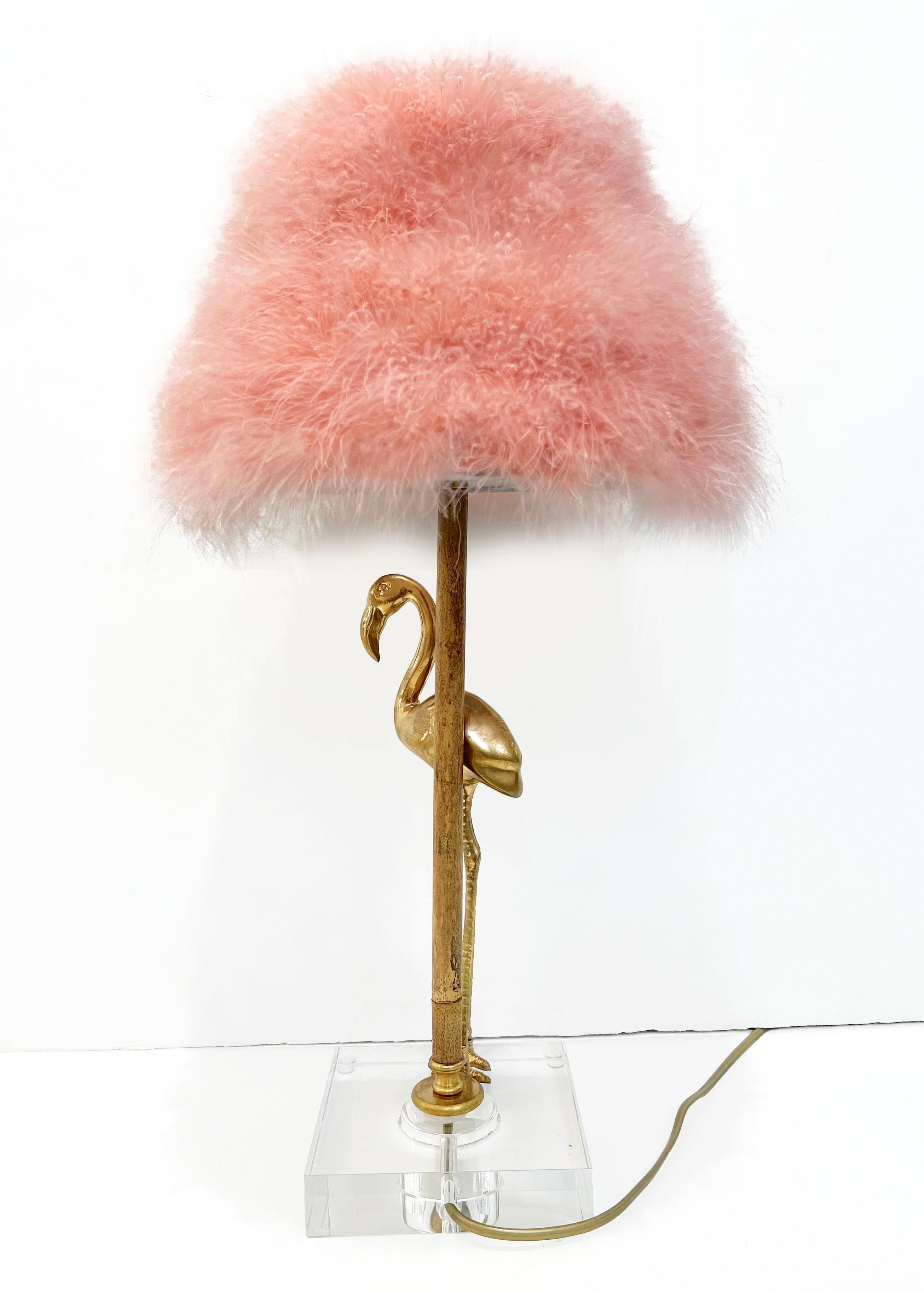 1970 Italian Vintage Pair of Brass Lucite Bamboo Table Lamps Pink Fur Shades