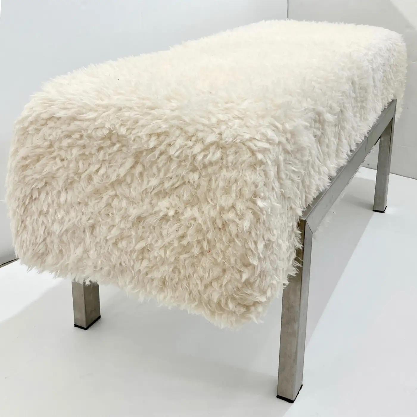 Italian Vintage White Himalayan Faux Fur Bed Stool Bench on Steel Legs For Sale 4