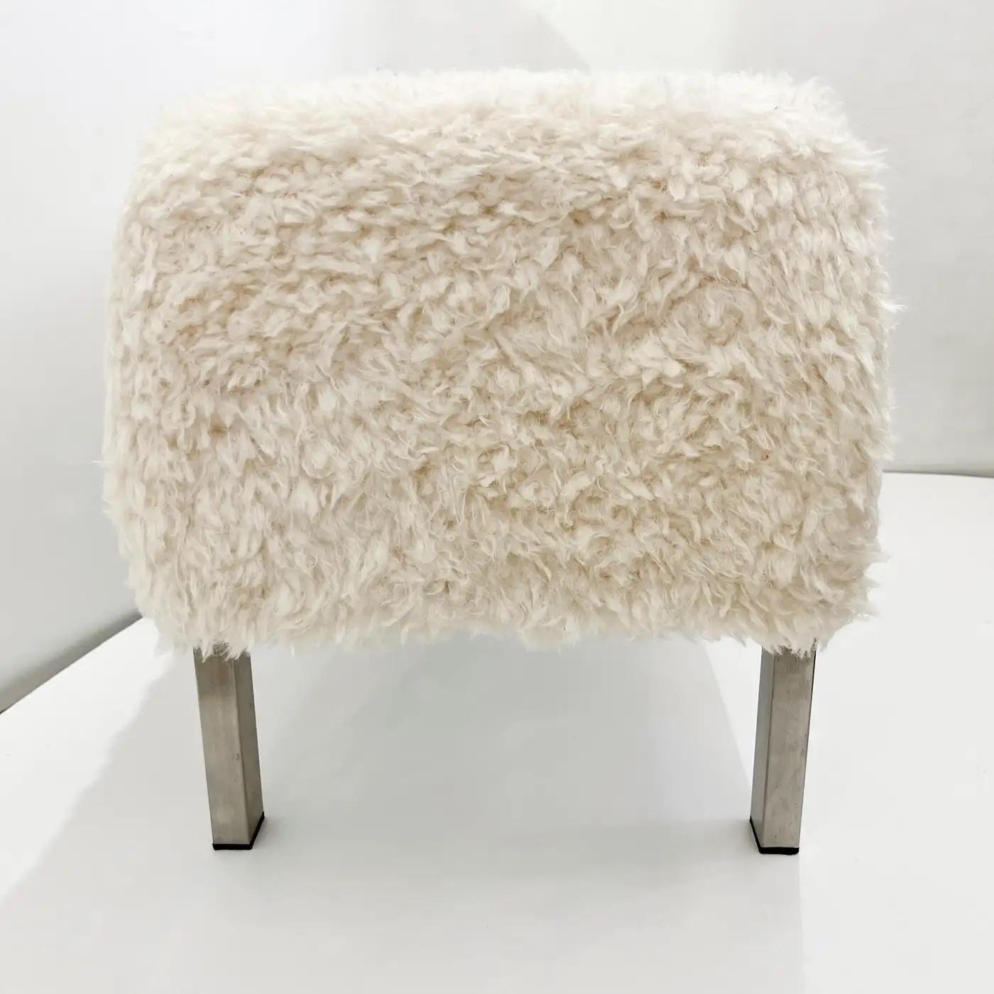 Mid-Century Modern Italian Vintage White Himalayan Faux Fur Bed Stool Bench on Steel Legs For Sale