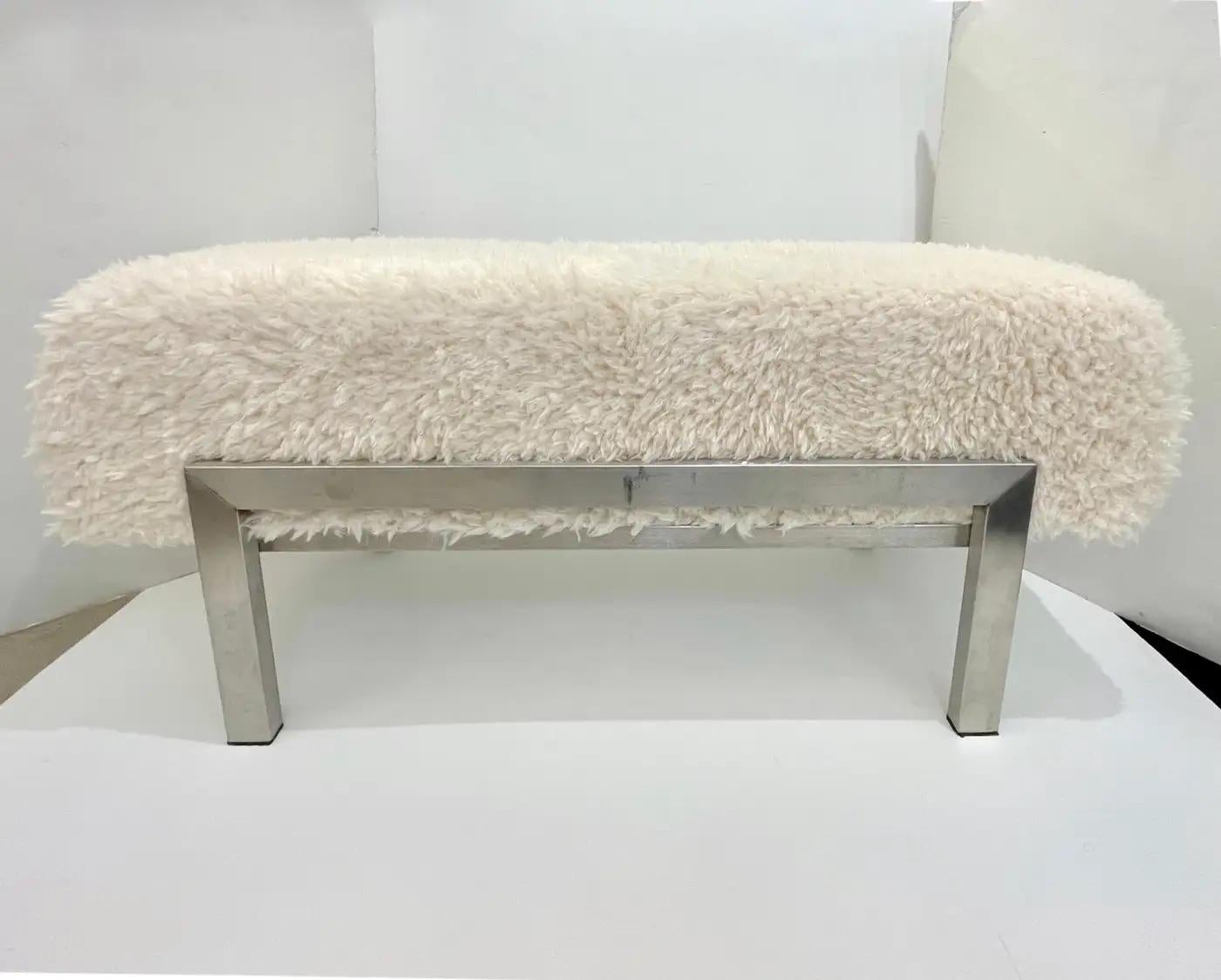 20th Century Italian Vintage White Himalayan Faux Fur Bed Stool Bench on Steel Legs For Sale