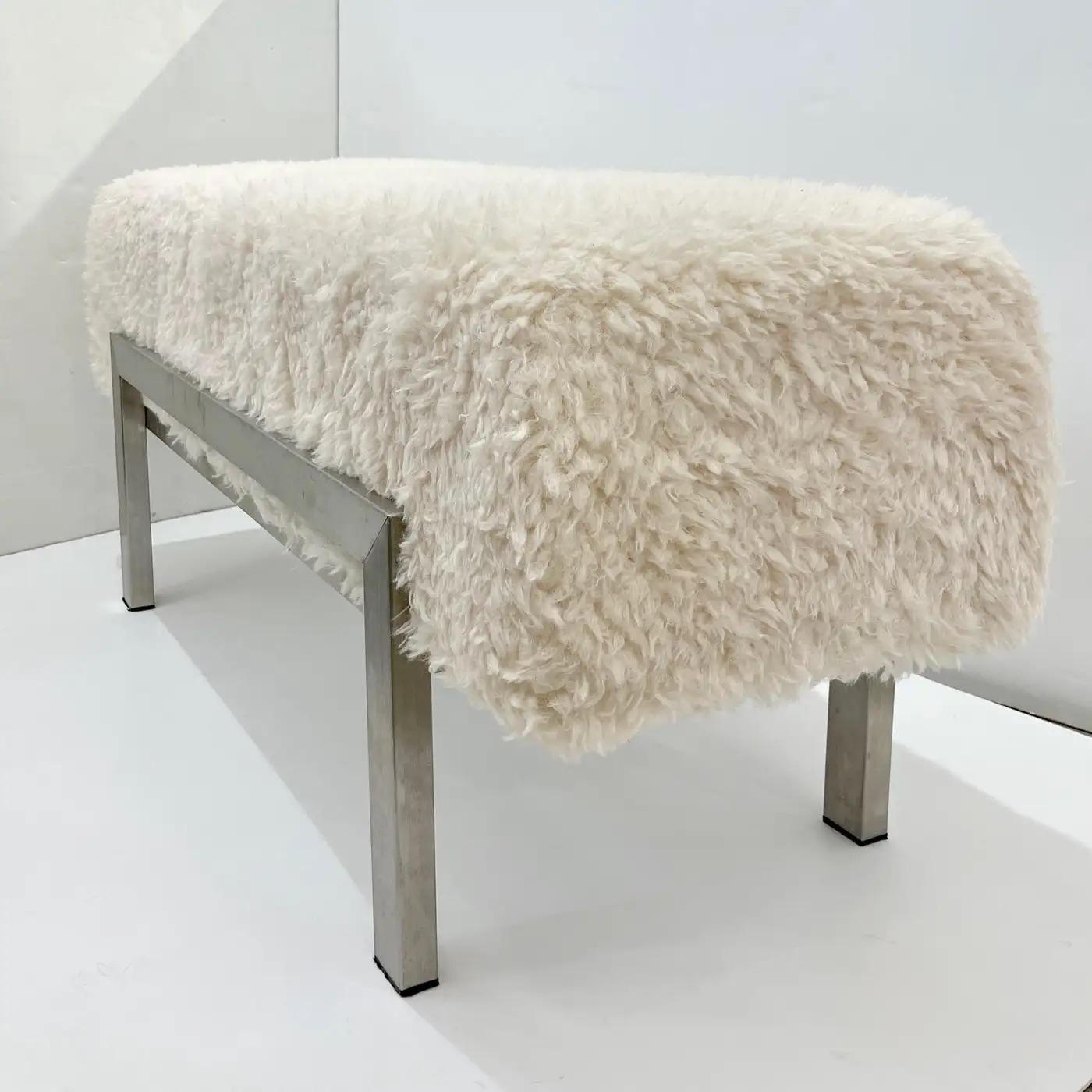 Italian Vintage White Himalayan Faux Fur Bed Stool Bench on Steel Legs For Sale 1