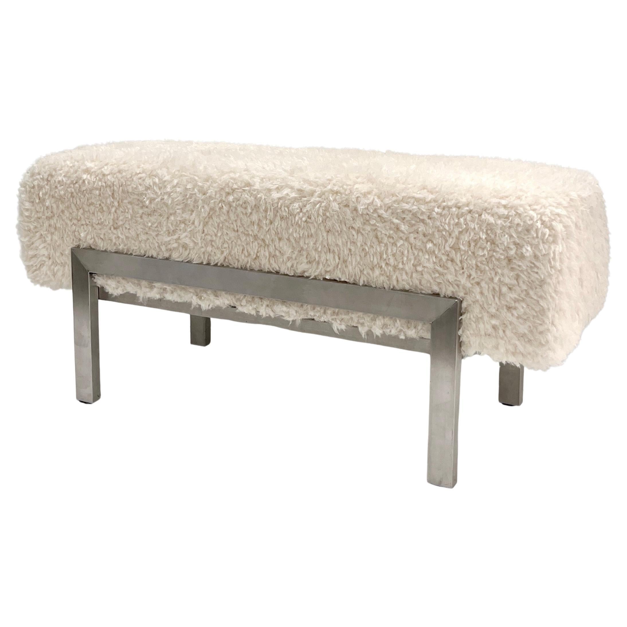 1970 Italian Vintage White Himalayan Faux Fur Bed Stool Bench on Steel Legs