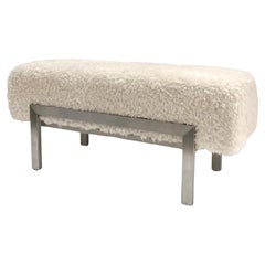 Italian Vintage White Himalayan Faux Fur Bed Stool Bench on Steel Legs