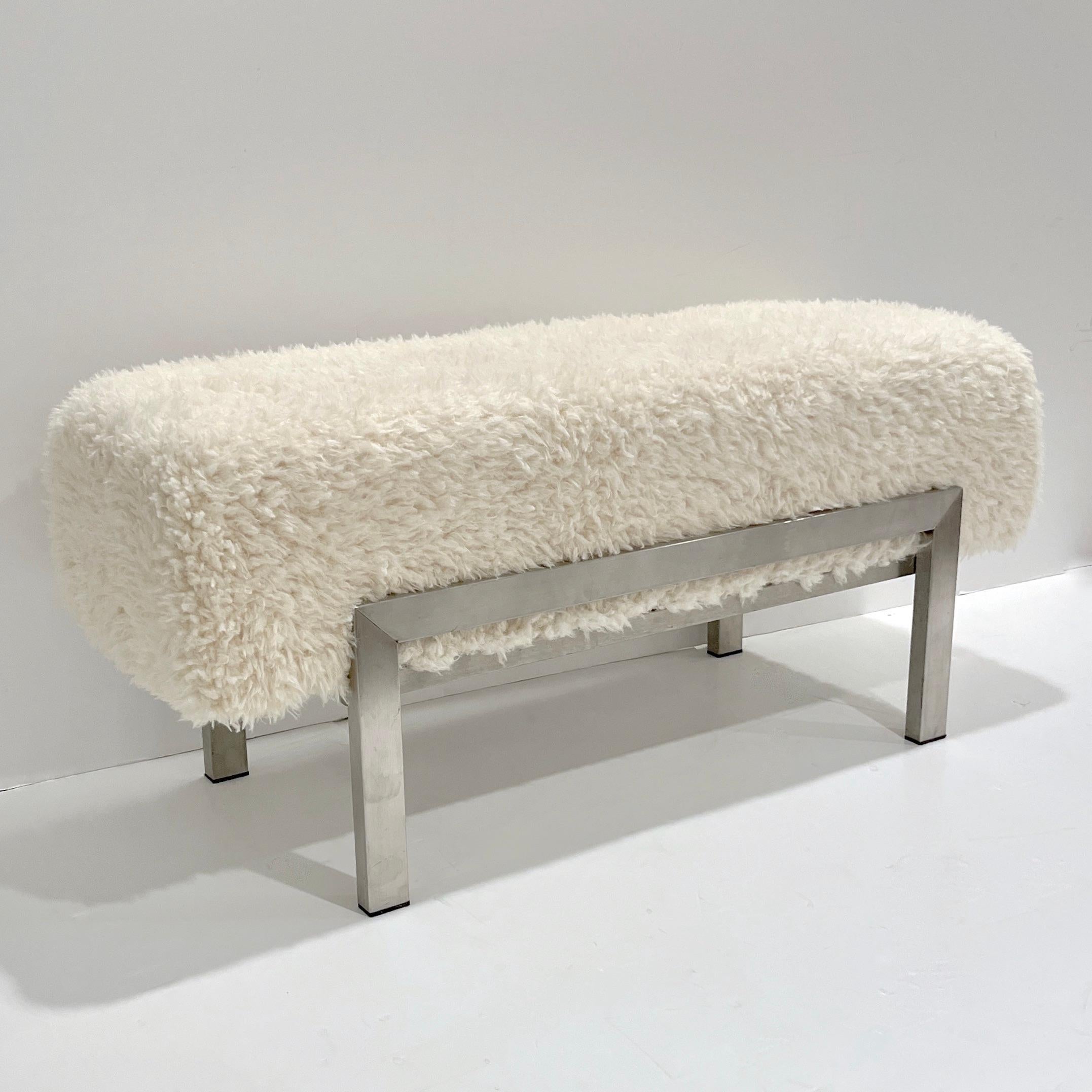 1970 Italian Vintage White Himalayan Faux Fur Bed Stool Bench on Steel Legs 4