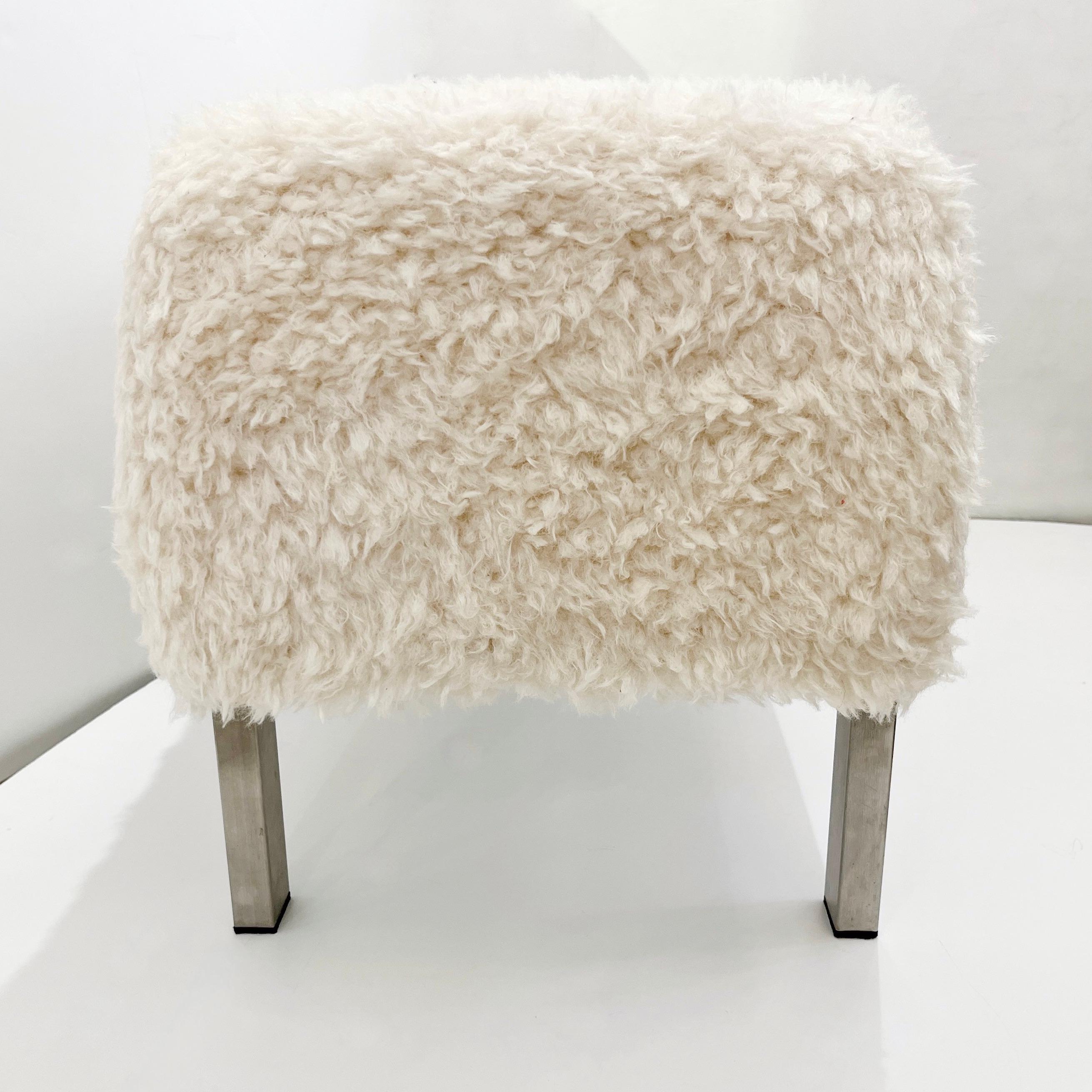 Mid-Century Modern 1970 Italian Vintage White Himalayan Faux Fur Bed Stool Bench on Steel Legs