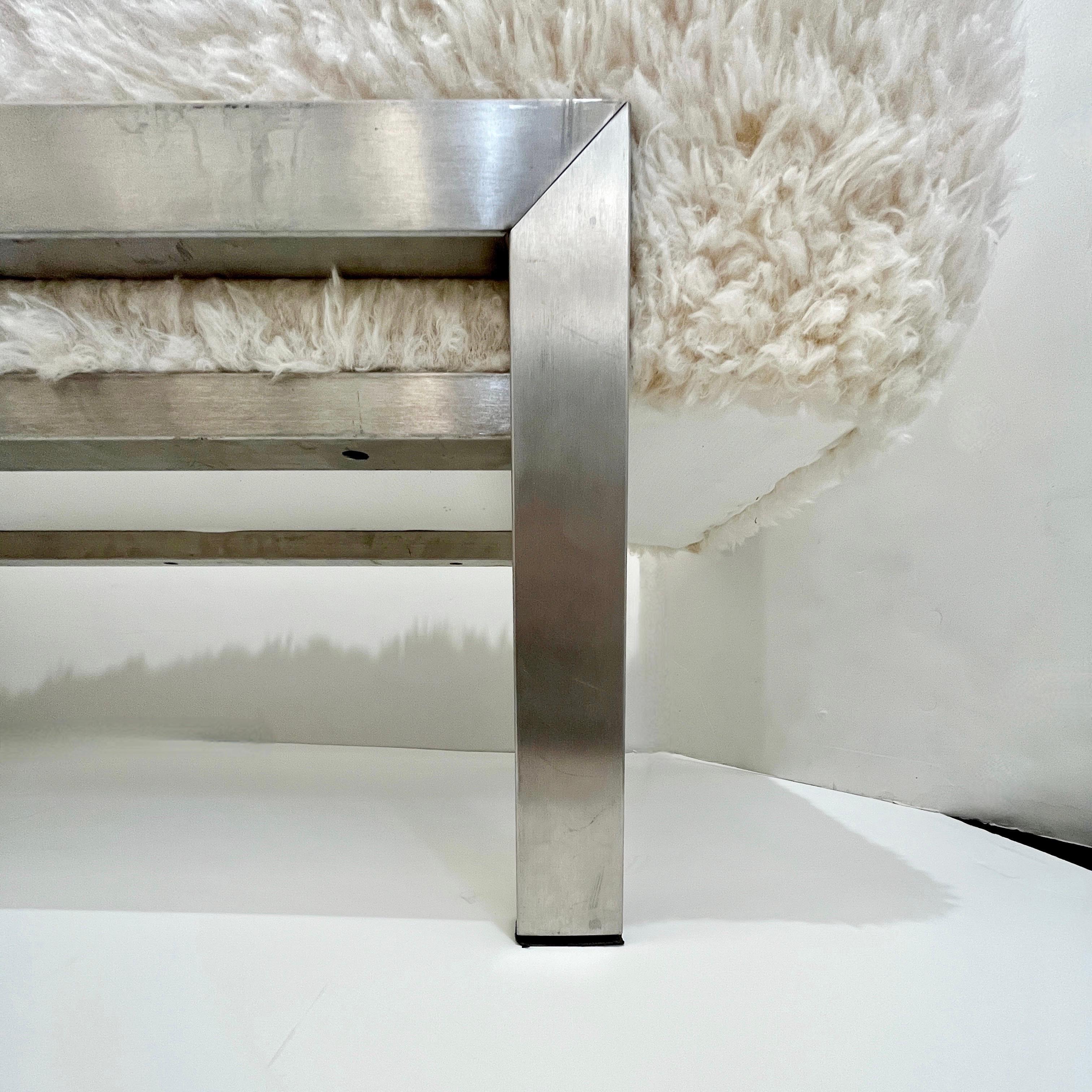 Brushed 1970 Italian Vintage White Himalayan Faux Fur Bed Stool Bench on Steel Legs