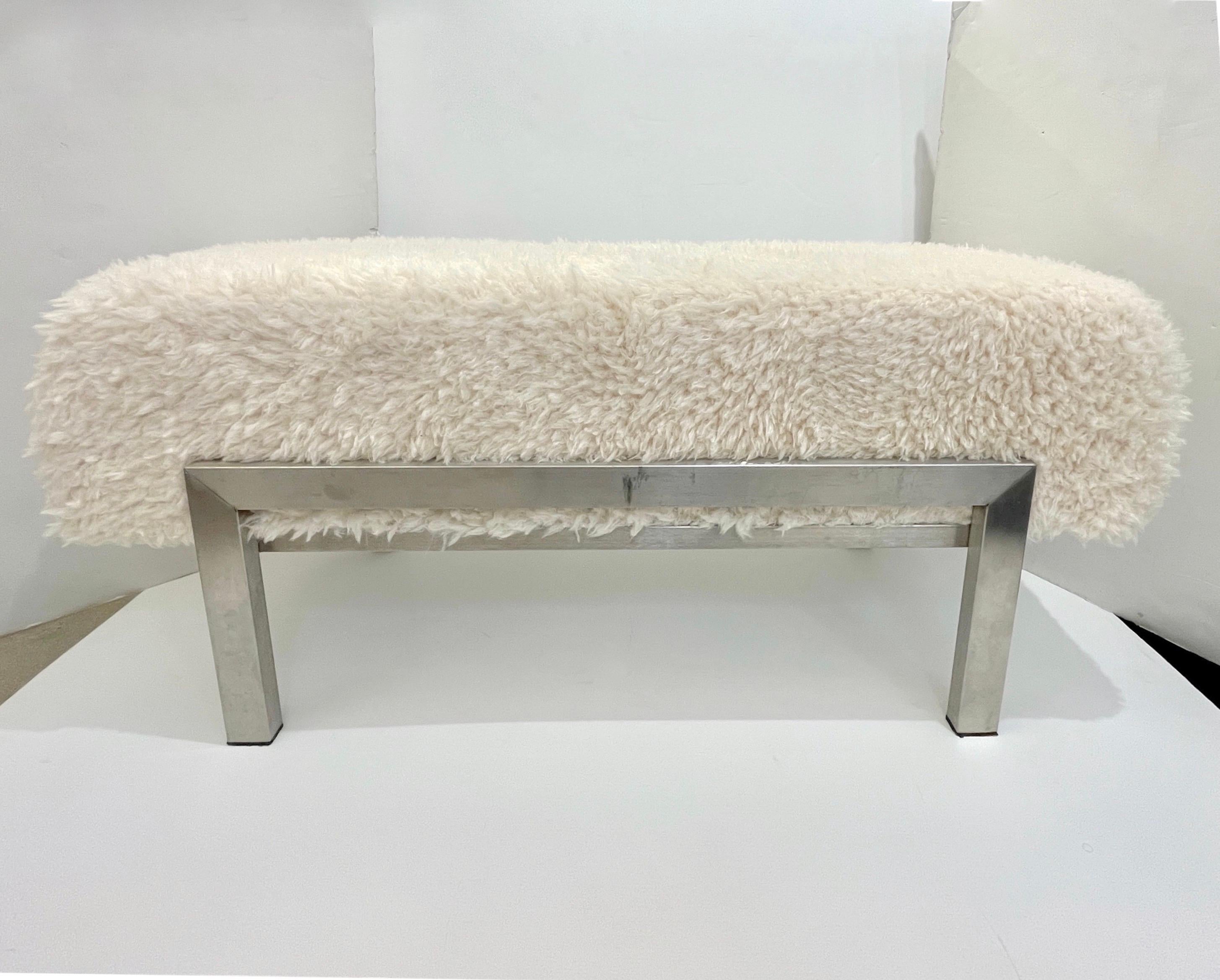 20th Century 1970 Italian Vintage White Himalayan Faux Fur Bed Stool Bench on Steel Legs