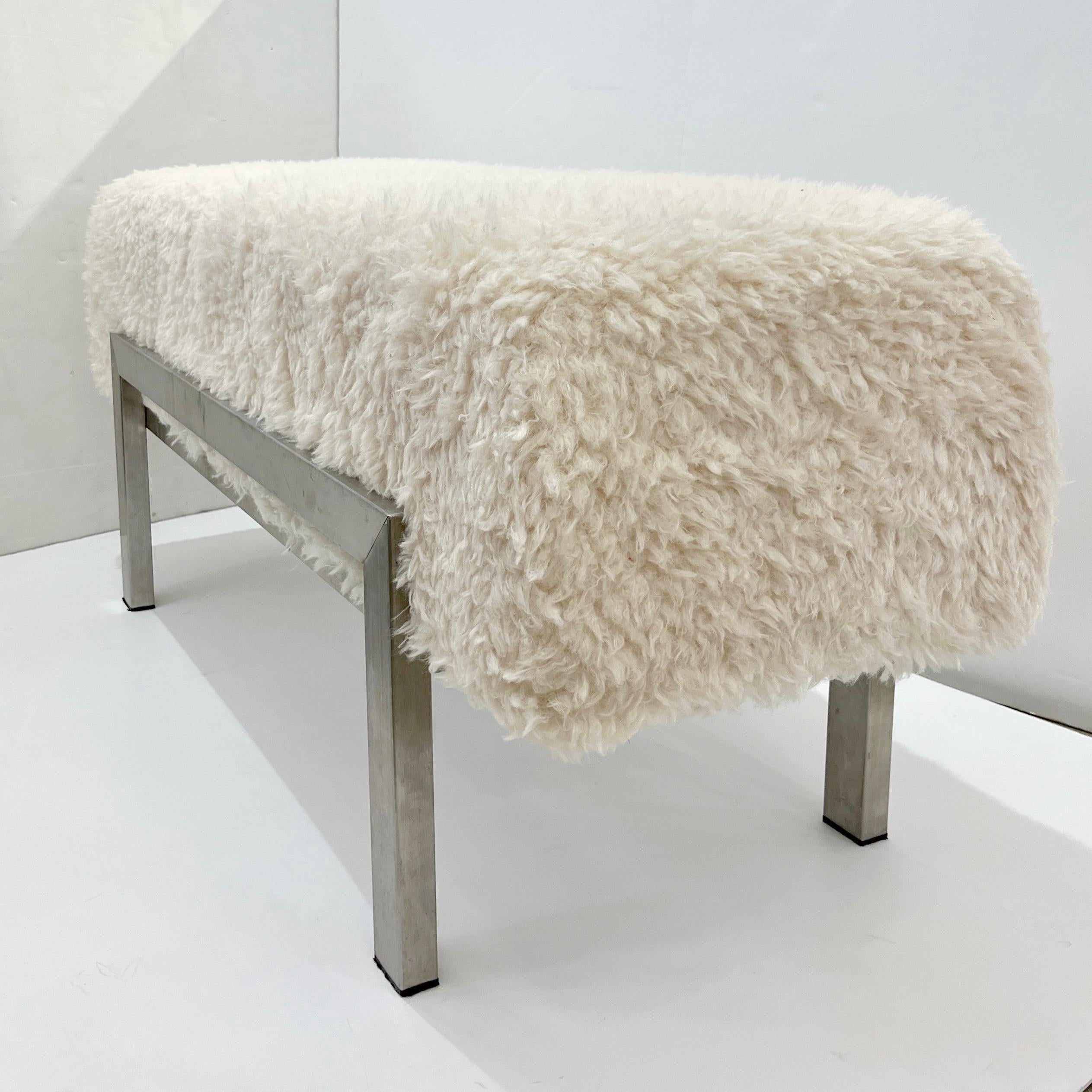 1970 Italian Vintage White Himalayan Faux Fur Bed Stool Bench on Steel Legs 1
