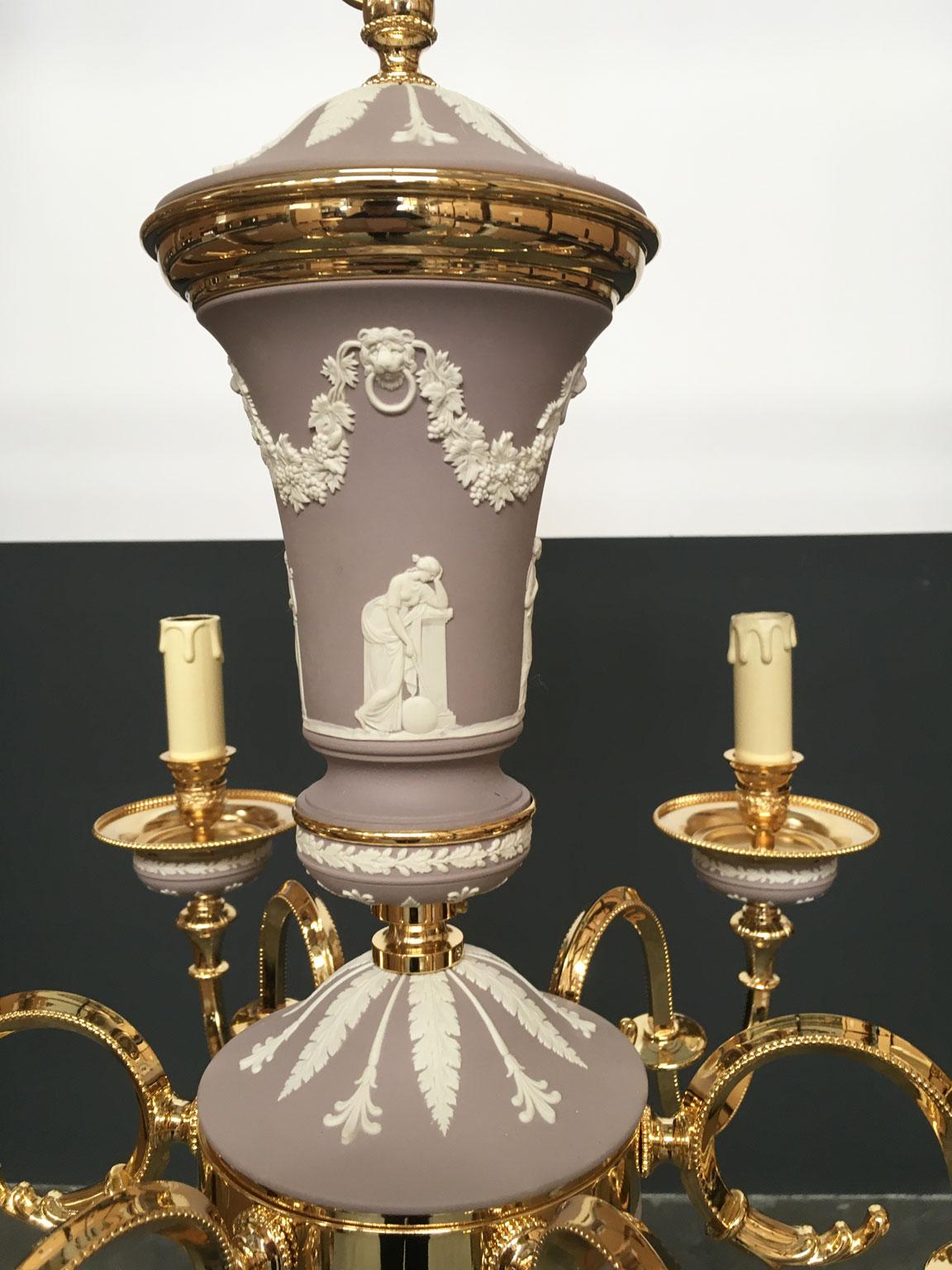 1970 Italy Lilac Brass and Porcelain Chandelier Hollywood Regency Style 6 Lights For Sale 5