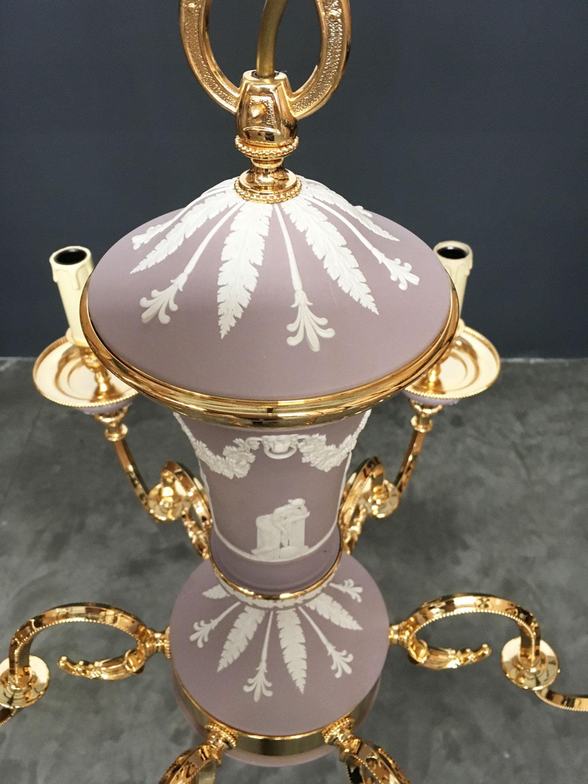 1970 Italy Lilac Brass and Porcelain Chandelier Hollywood Regency Style 6 Lights For Sale 6