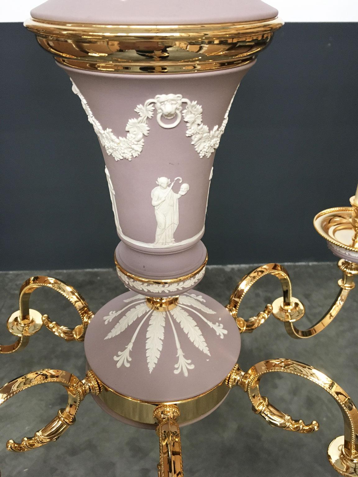 1970 Italy Lilac Brass and Porcelain Chandelier Hollywood Regency Style 6 Lights For Sale 7