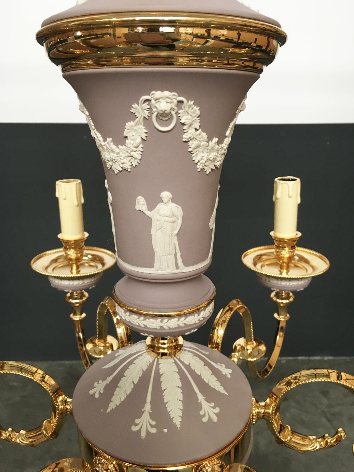 1970 Italy Lilac Brass and Porcelain Chandelier Hollywood Regency Style 6 Lights For Sale 8
